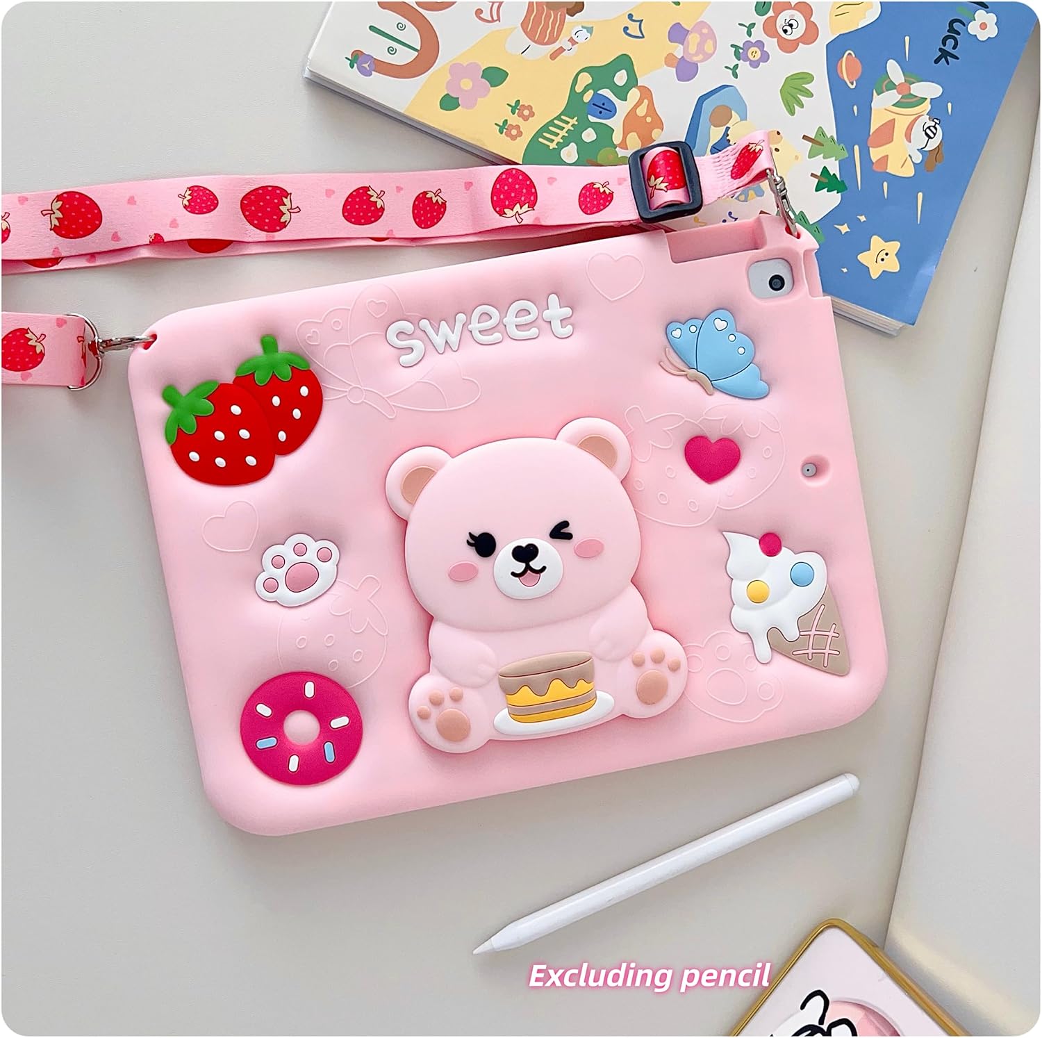 for iPad 9th/8th/7th Generation Case Kids - 10.2 inch Soft Silicone iPad Air 3rd Gen 10.5"(2019) Cover with Pencil Holder,Shoulder Strap & Stand for School,Cute Bear Gift for Teen Girls