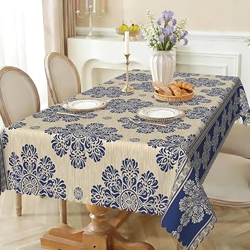 Blue Floral Tablecloth Rectangle Table Cloth Elegant Flowers Pattern Waterproof Polyester Table Cover for Dining Indoor and Outdoor Washable Decorations, 60x84inch