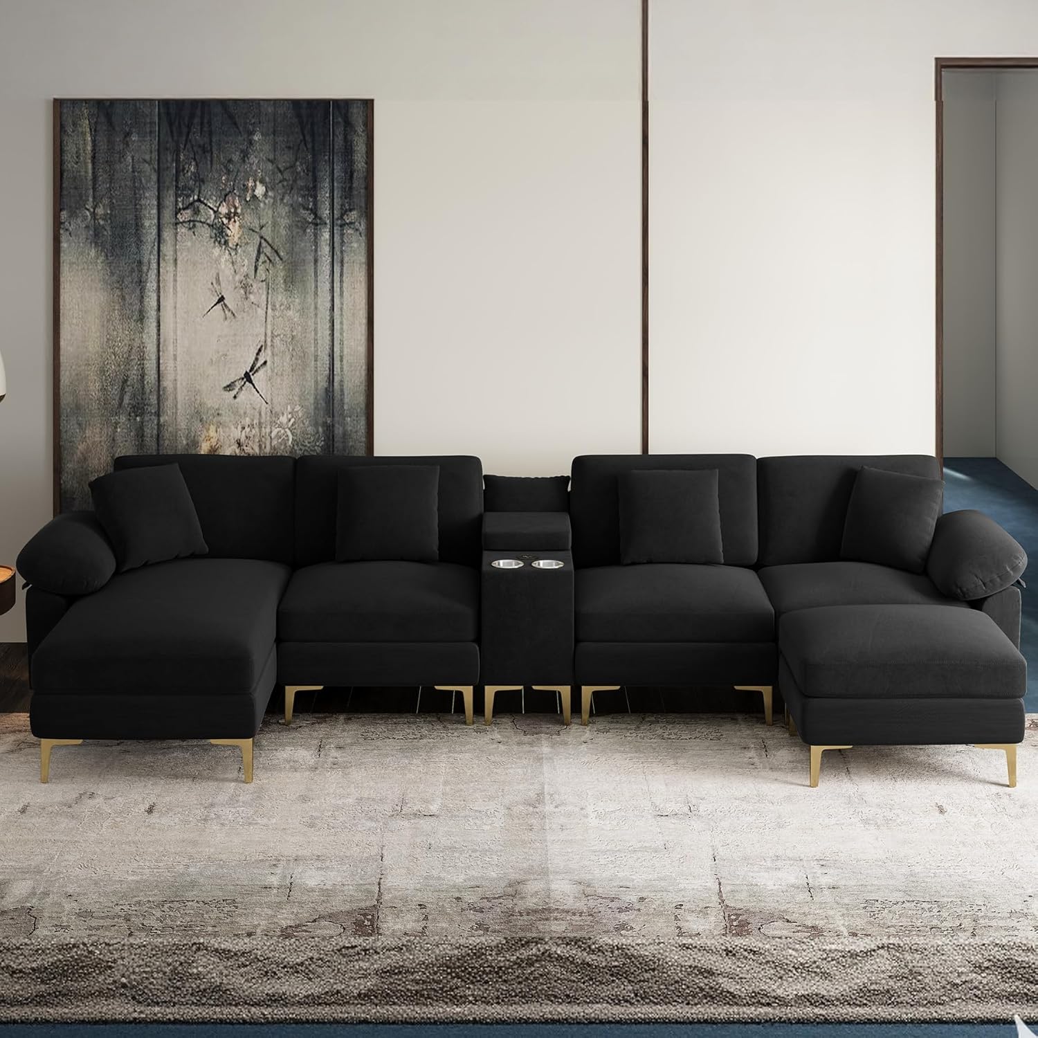 OUYESSIR U-Shaped Sectional Sofa Couch, 4 Seat Sofa Set for Living Room, Convertible U-Shaped Velvet Couch Set with USB Port Central Console Ottoman,128 inches (Black)