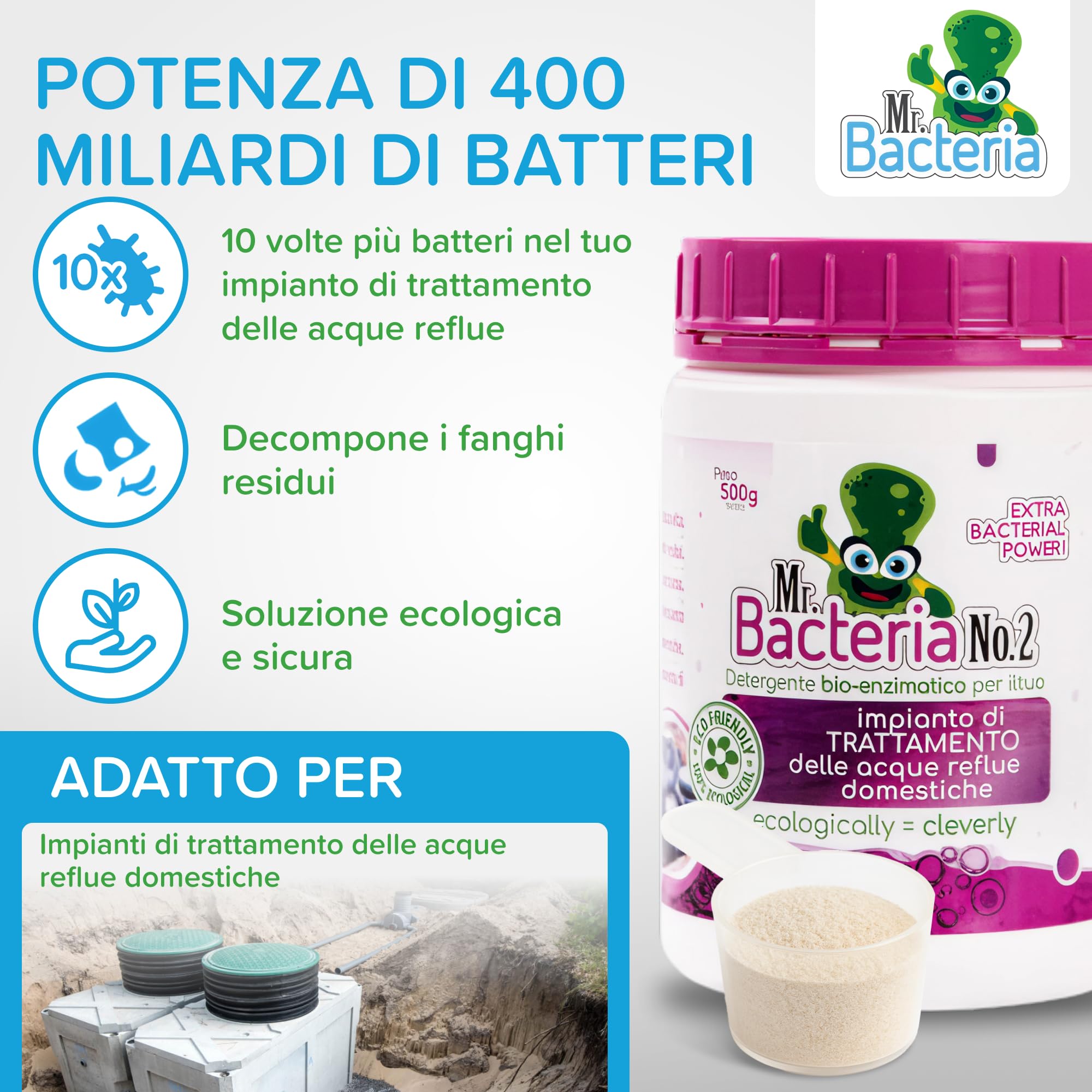 Mr. Bacteria No.2 Attivatore bio-Enzimatico per Fosse IMHOFF, Fosse Biologiche, per Impianto di Trattamento delle Acque reflue domestiche, spurgo Biologico 500g - 1 Pezzo