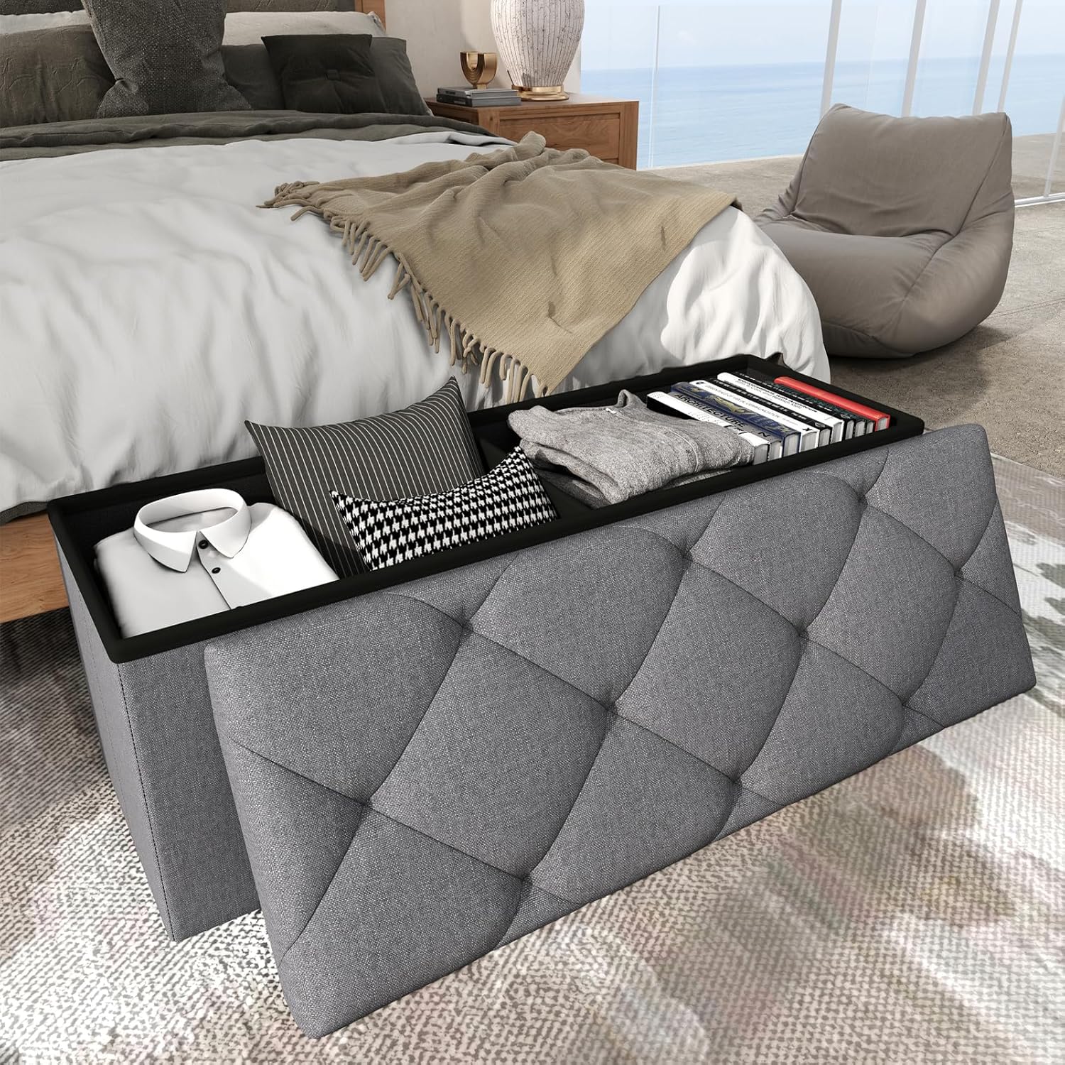 Folding Ottoman with Storage Bench,Storage Ottoman Bench,30 Inches Ottoman Foot Rest,End of Bed Bench,Support 660LBS Foot Rest Stool for Living Room,Bedroom,Home Office,Dark Gray(30Wx15Dx15H - Image 4