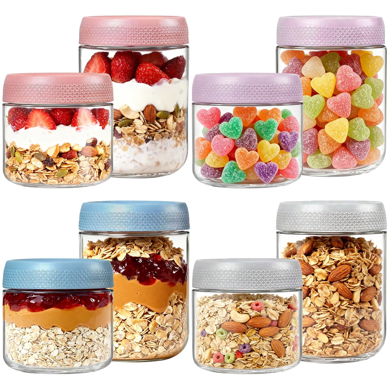 Overnight Oats Jar Container set 8, Glass Jam Mason Jars Breakfast Pots with Lids, Applicable to Yogurt Oatmeal Salad Cereals Milk Fruit Dressing Sauce Condiment ( 4 PC 480ML and 4 PC 350ML )