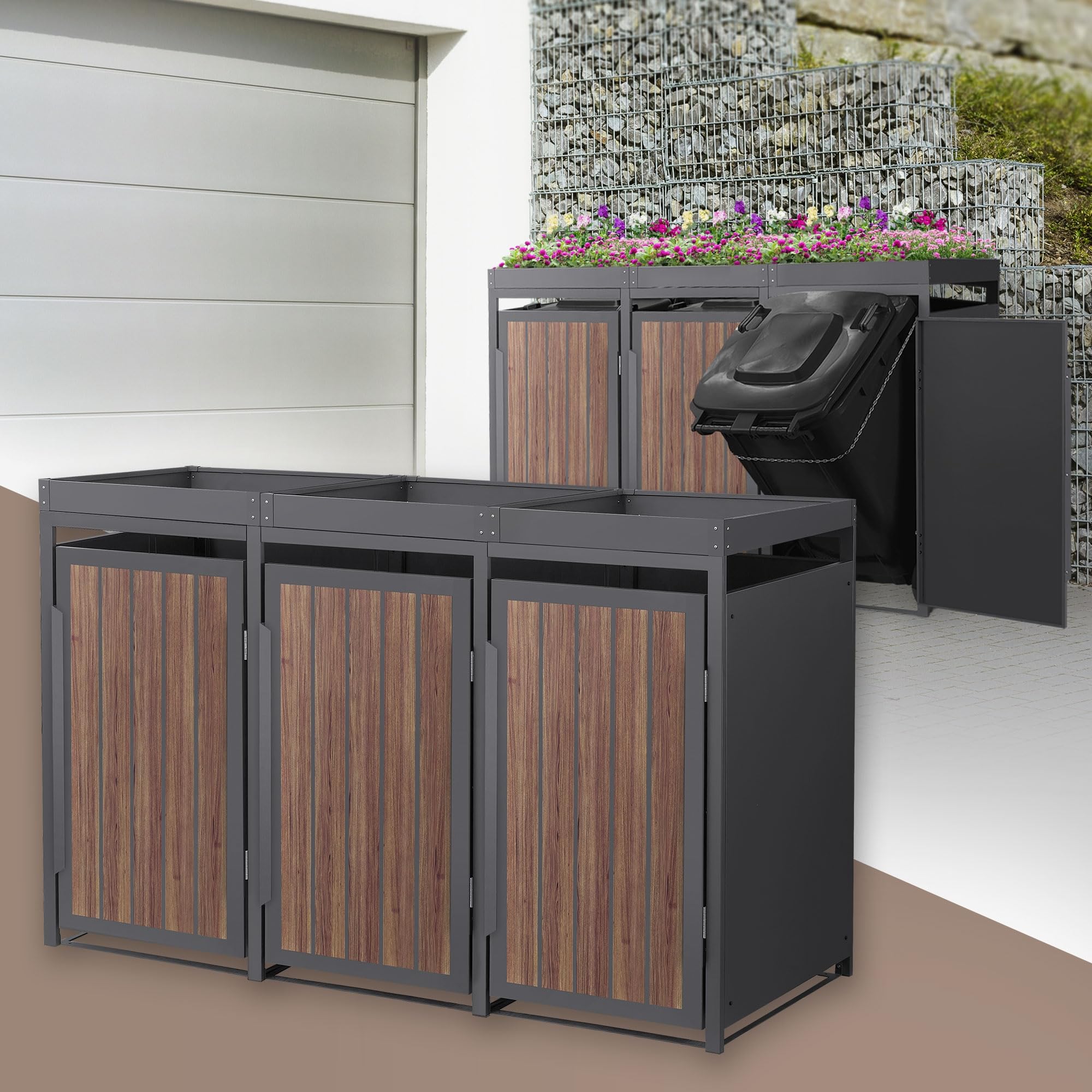 ML-Design Copribidone per Spazzatura 3 Bidoni 240L 196x80x124 cm in Acciaio Antracite Effetto Rovere Scuro con Tetto a Fioriera, Resistente alle Intemperie, Deposito per Bidoni di Rifiuti, Box Bidoni