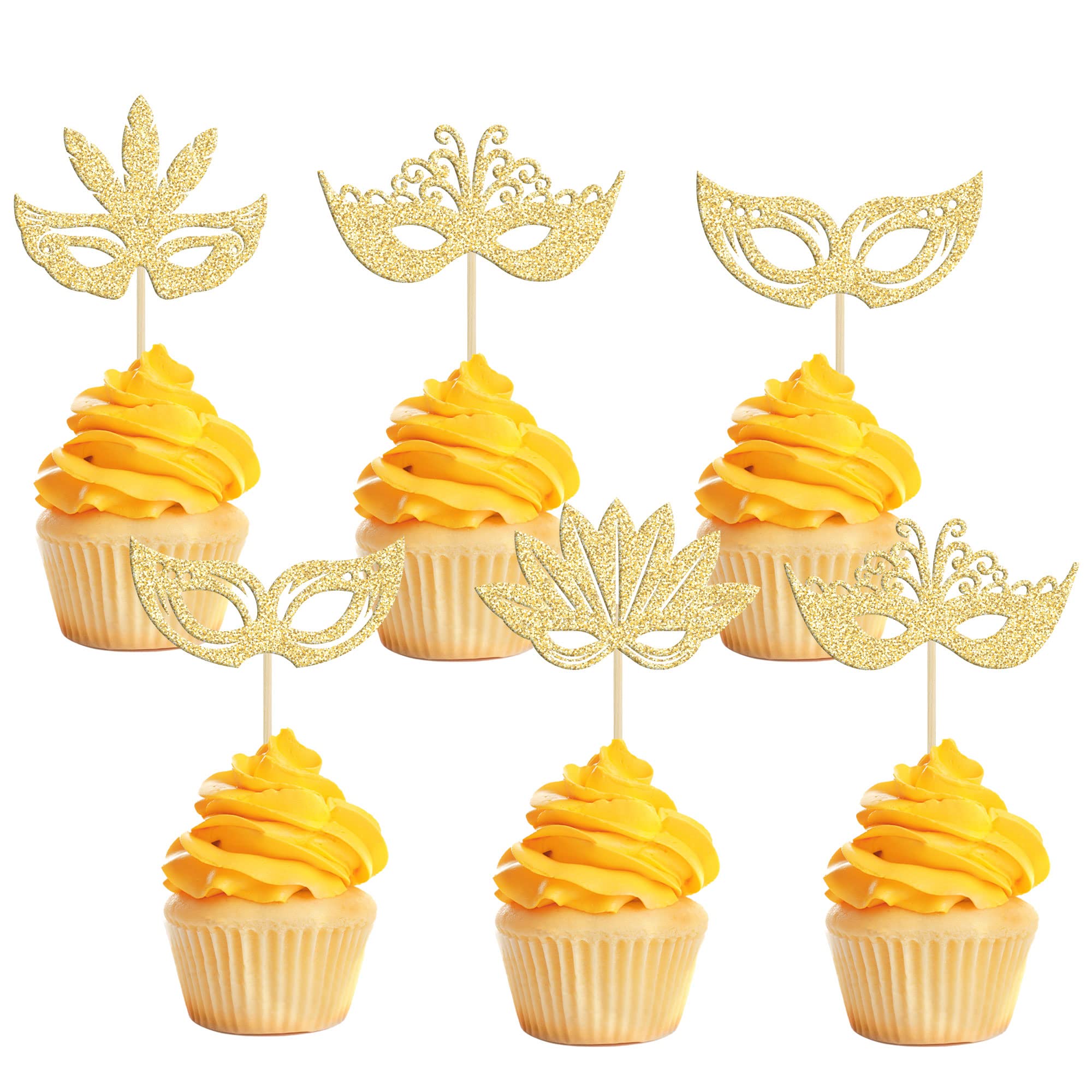 Ephlyn24Pcs Masquerade Masks Cupcake Toppers Gold Glitter Mask Cupcake Picks for Masquerade Mardi Gras Party Baby Shower Birthday Wedding Party Decorations