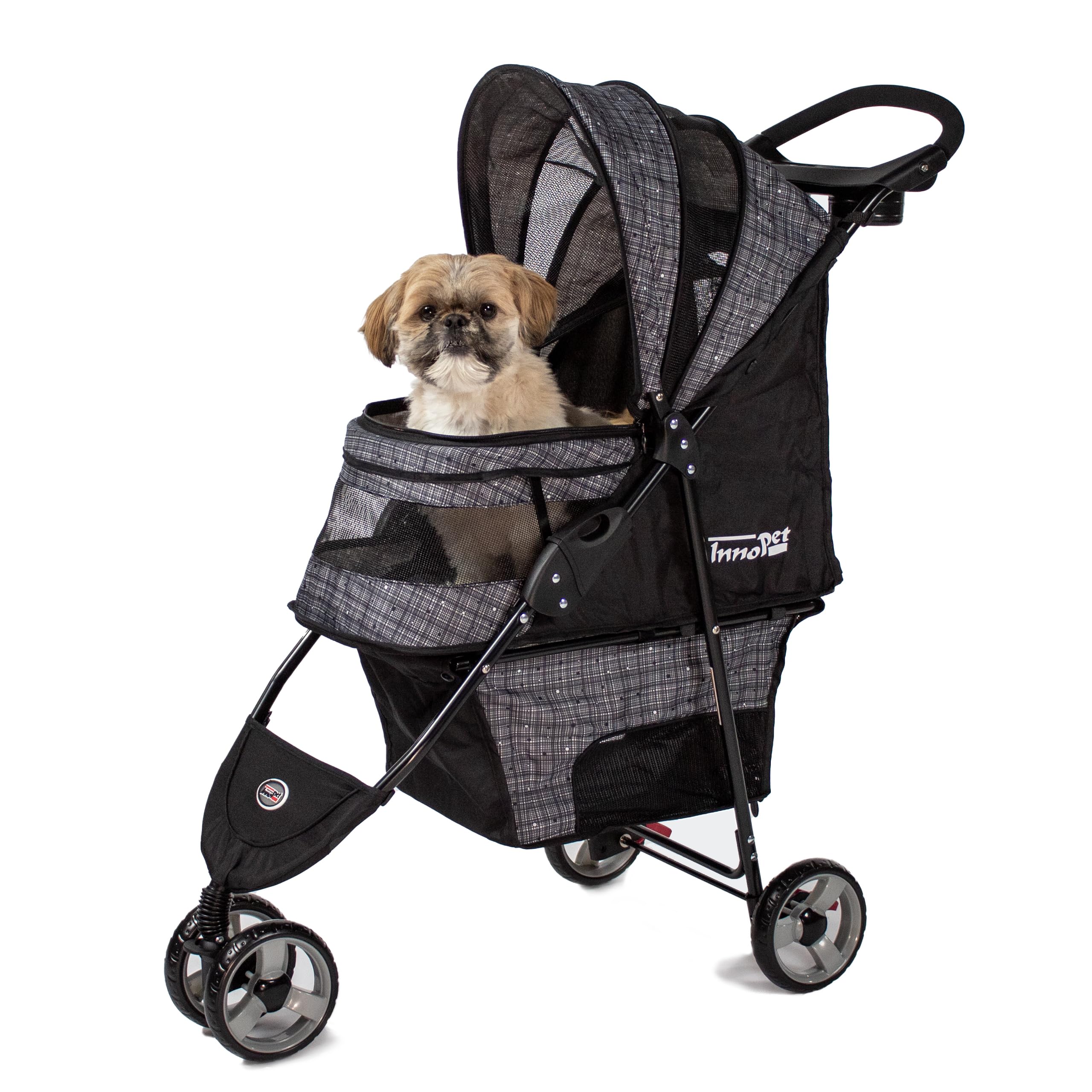 Innopet Avenue gris mezclado - Cochecito urbano plegable de 3 ruedas para perros y gatos, incluye cubierta de lluvia, correas de seguridad y cesta inferior