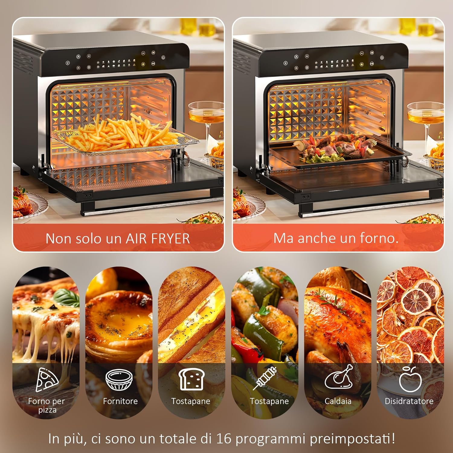 Karinear Air Fryer Oven illustrating its multi-functionality, showing it used for air frying fries and as an oven for skewers, alongside icons for pizza, toaster, dehydrator, etc.