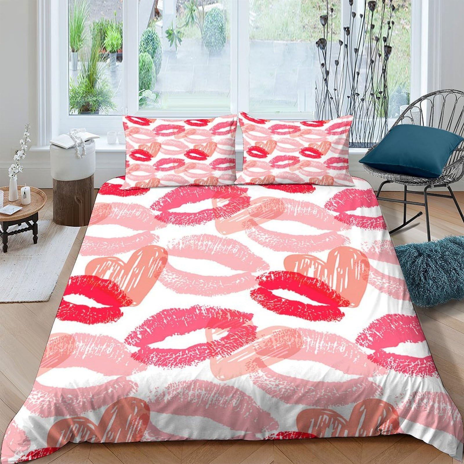 Ctjqhvkz Style-7 3D Printed Red Lips Fitted Sheet Microfiber Soft Pink Kiss Pattern Bed Cover For Bedroom Dorm Machine Washable Decor Single（135X200cm）