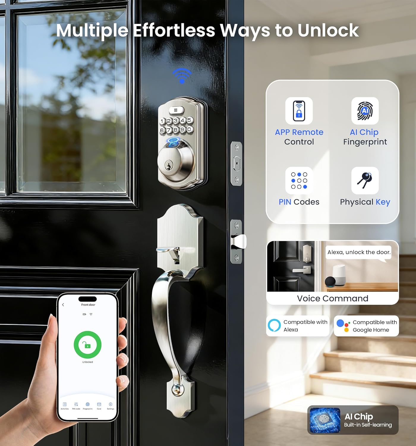 Veise VE012W-H WiFi Smart Front Door Lock Set, Built-in WiFi, App Remote & Voice Control, Fingerprint Keyless Entry Smart deadbolt with Handle, Backlit Keypad, Auto Lock, IP55 Waterproof, Satin Nickel