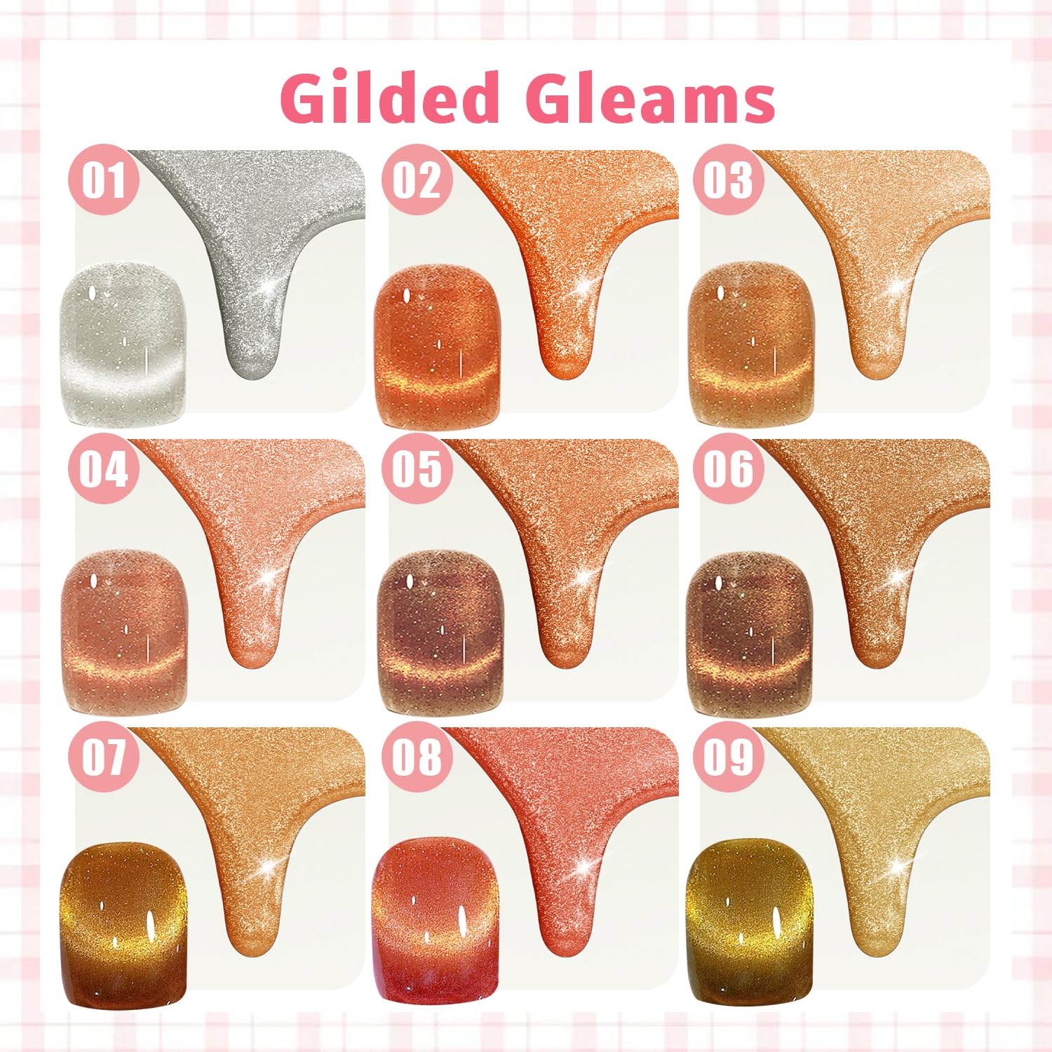 Gel Nail Polish Set, Cat Eye Gel Polish Kit, Holographic Reflective Magnetic Shimmer Nude Neutral Tortoise Terracotta Brown Orange Gel, Manicure Salon DIY, Soak Off, UV/LED Cured (9 Colors B)