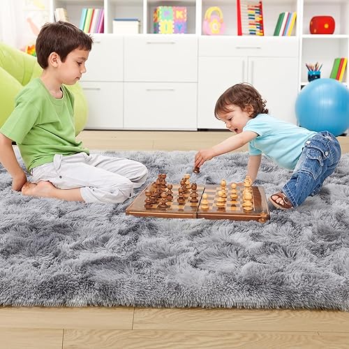Miniatura 6 de Noahas Alfombras peludas de 6 x 9 pies para sala de estar, alfombra de dormitorio grande de teñido anudado gris, alfombras peludas para dormitorio,