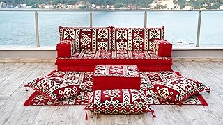 Red Oriental Cushions, Arabic Majlis, Arabic Floor Couch, Reading Loveseat, 8" Thickness Moroccan Floor Seating Set, Moroccan Home Decor Cushion (Sofa + Rug)