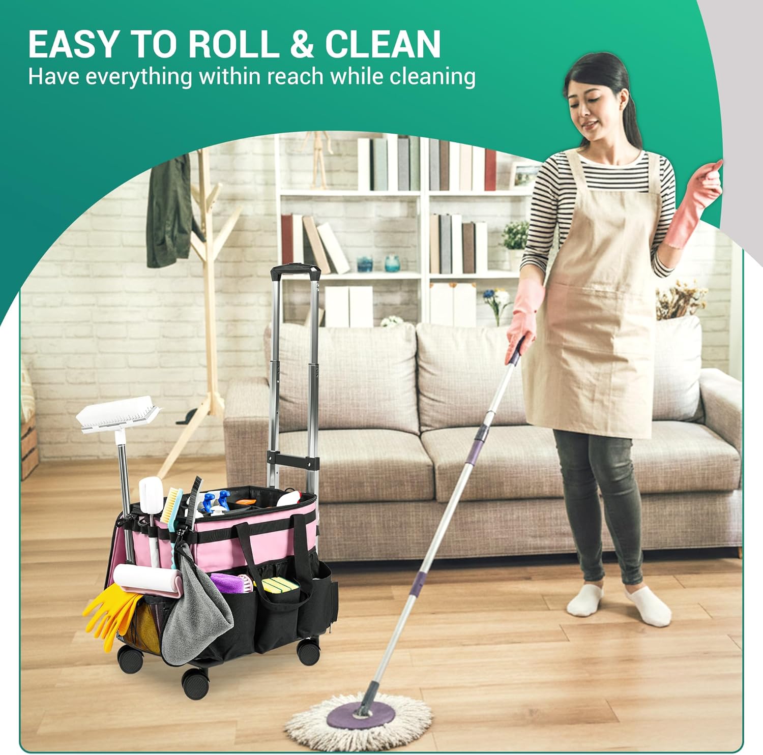 Large Rolling Cleaning Caddy Bag w/Detachable Trolley & Lid - Portable Cleaning Cart on Wheels w/Shoulder Strap & Waist Pouch - Cleaning Supplies & Tool Organizer for Home, Office, Car (Pink)