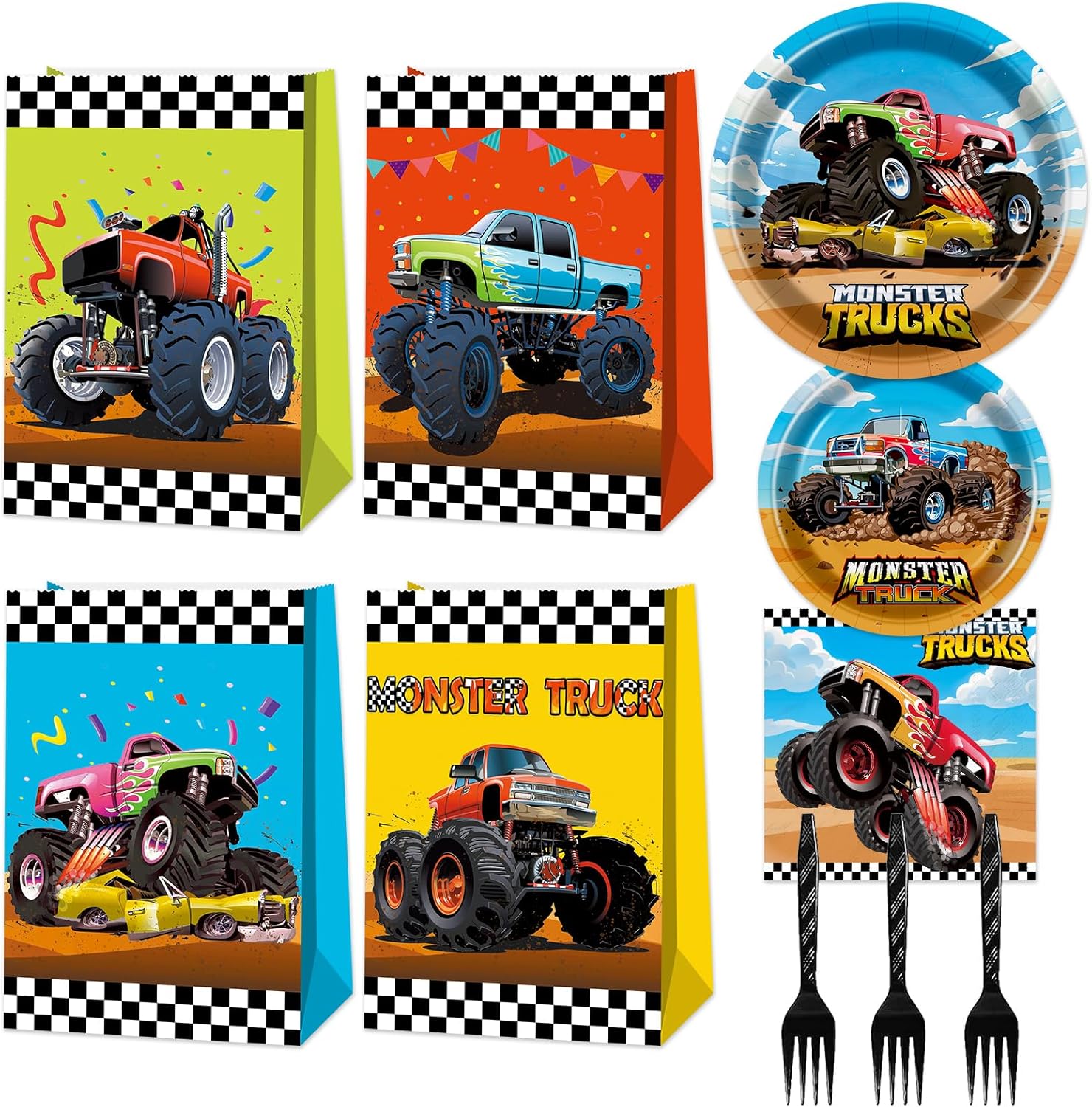 96 Pcs Monster Truck Plates and Napkins Monster Truck