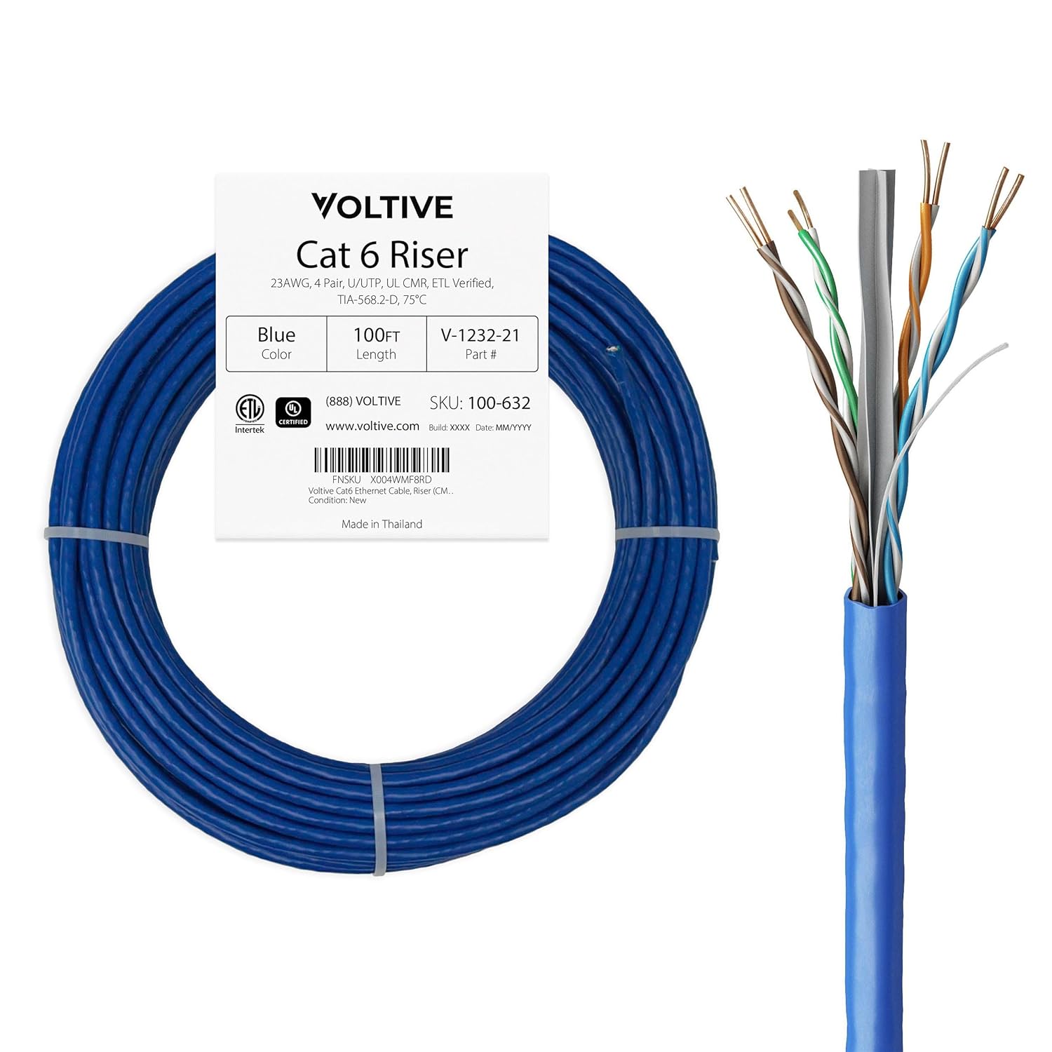 Voltive Cat6 Ethernet Cable, Riser (CMR), Black, 250ft - 23AWG 4 Pair Solid Bare Copper, UTP, 600MHz, UL Certified & ETL Verified - V-1232-20