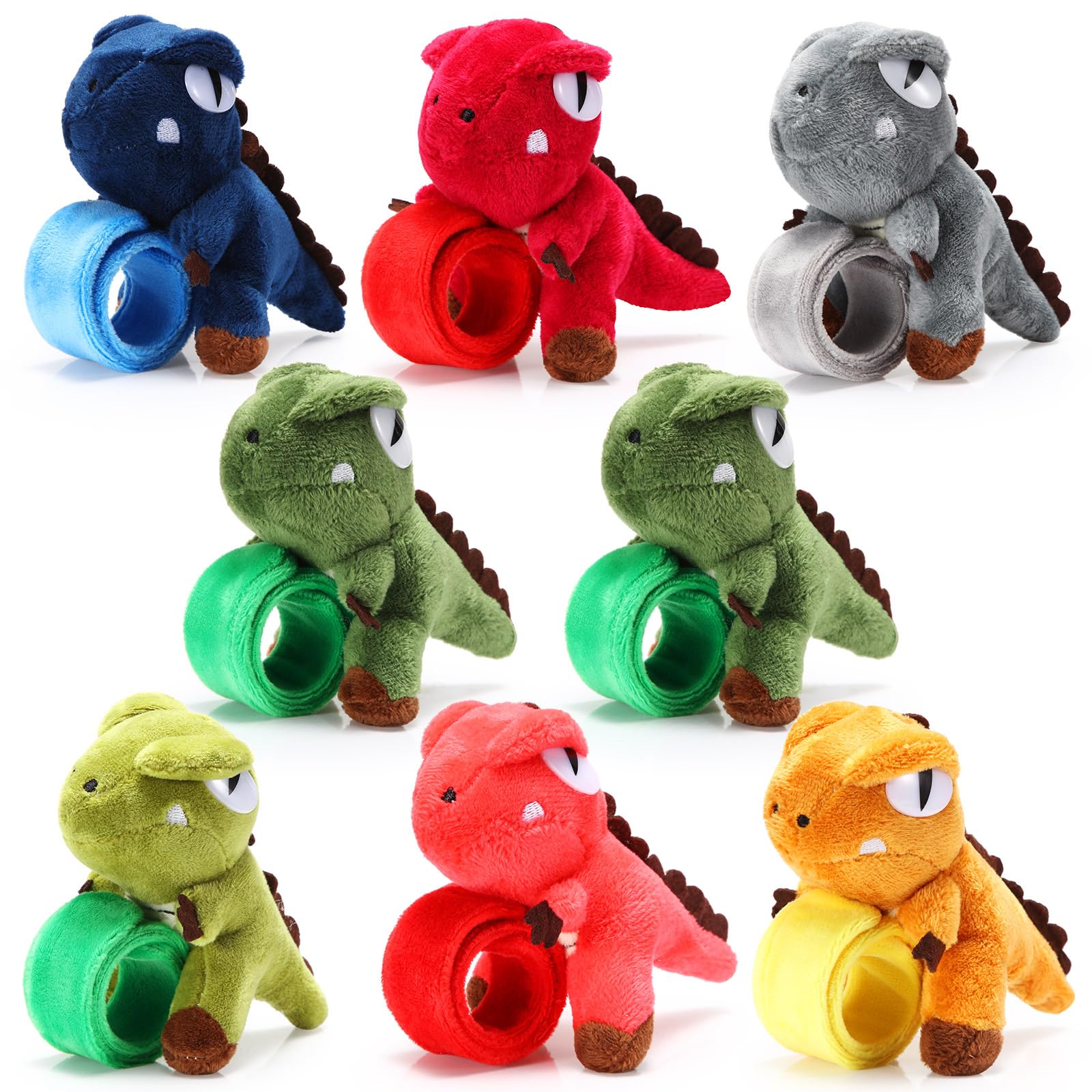 Lenwen 8 Pcs Dinosaur Stuffed Animals Slap Bracelets for Kids Plush Animal Slap Snap Bracelets Bulk Dino Wrist Bands Adopt an Animal Party Favors Back