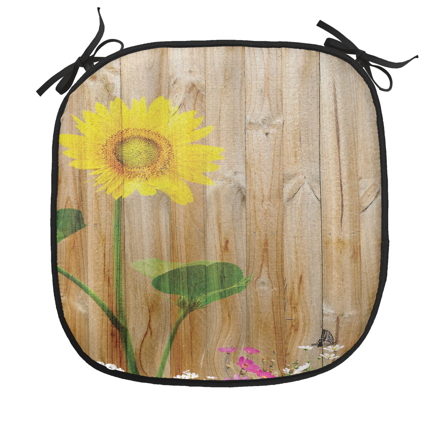 Lunarable Sunflower Chair Cushion Pads Set of 4, Sunflower Painting on Wooden Background Timber Countryside Theme, Anti-Slip Seat Padding for Kitchen & Patio, 16