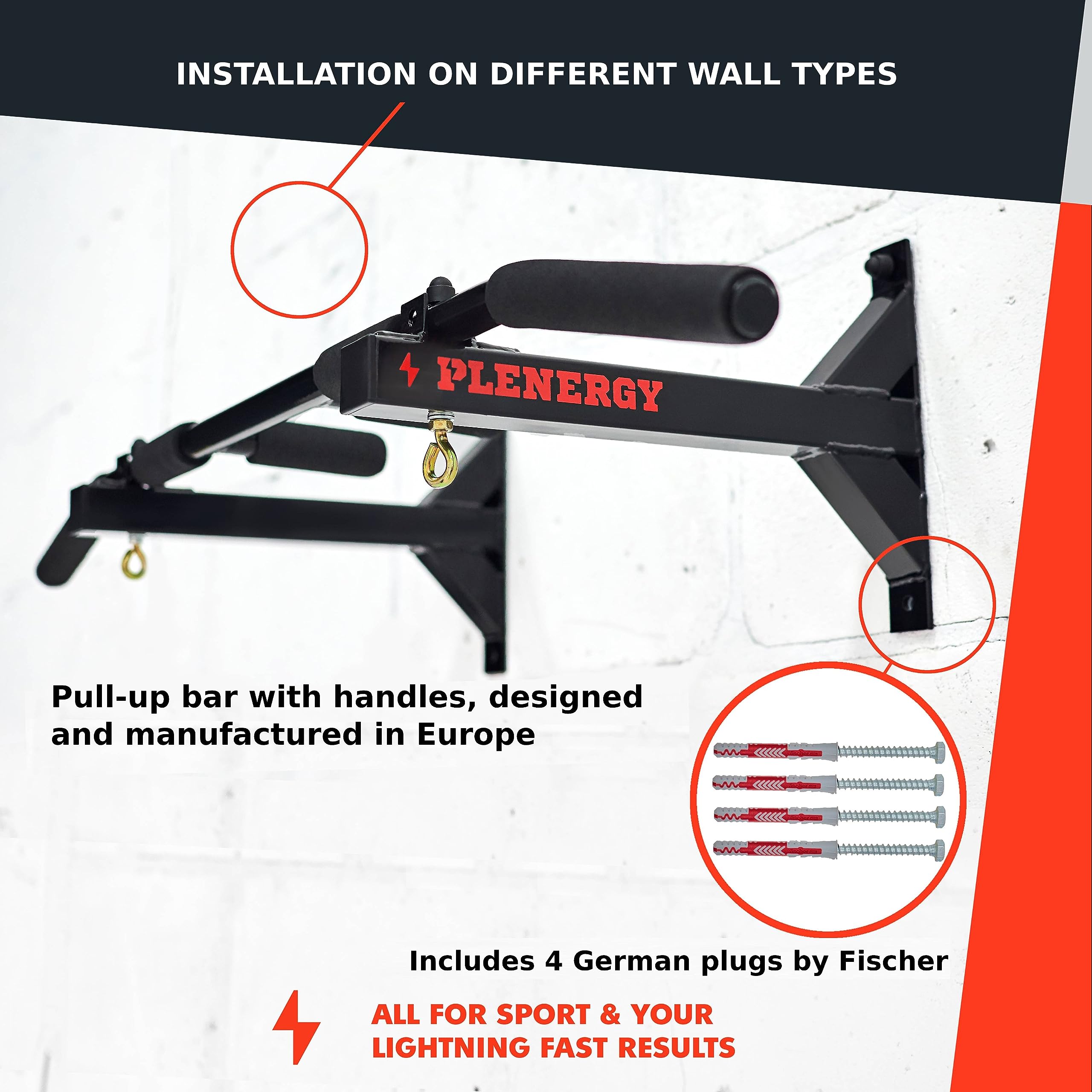 Klimmzugstange für Deckenmontage u Wandmontagen, Pull Up Bar Plenergy S5 Schwarz, 6 rutschfeste Griffe, inkl. Montagematerial, sicher & stabil