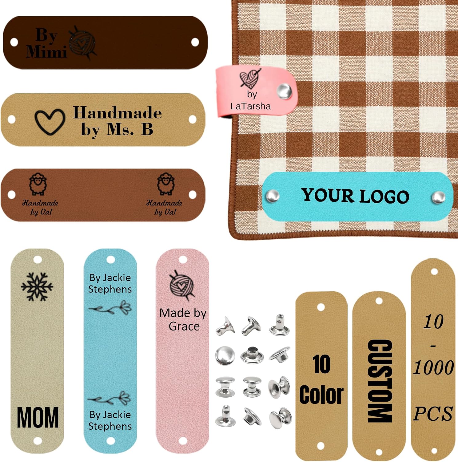 12-1000Pcs Custom Leather Tags for Handmade Items Personalized Crochet Tags with Rivets, Made with Love Labels for Knitting, Scarves, Hats, Gloves | Ideal Gifts for Crocheters (Narrow Circle)