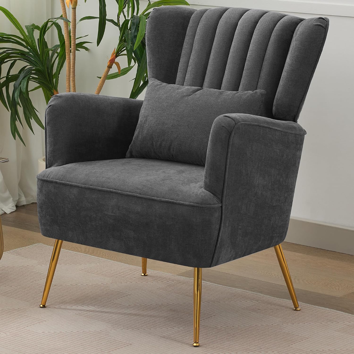 Living Room Chairs Chenille Accent Armchair with Lumbar Pillow&Gold Leg, 8.5″ Thick Cushion, Mid Century Modern High Wingback Bedroom Chairs Upholstered Comfy Sofa Arm Chair, Grey