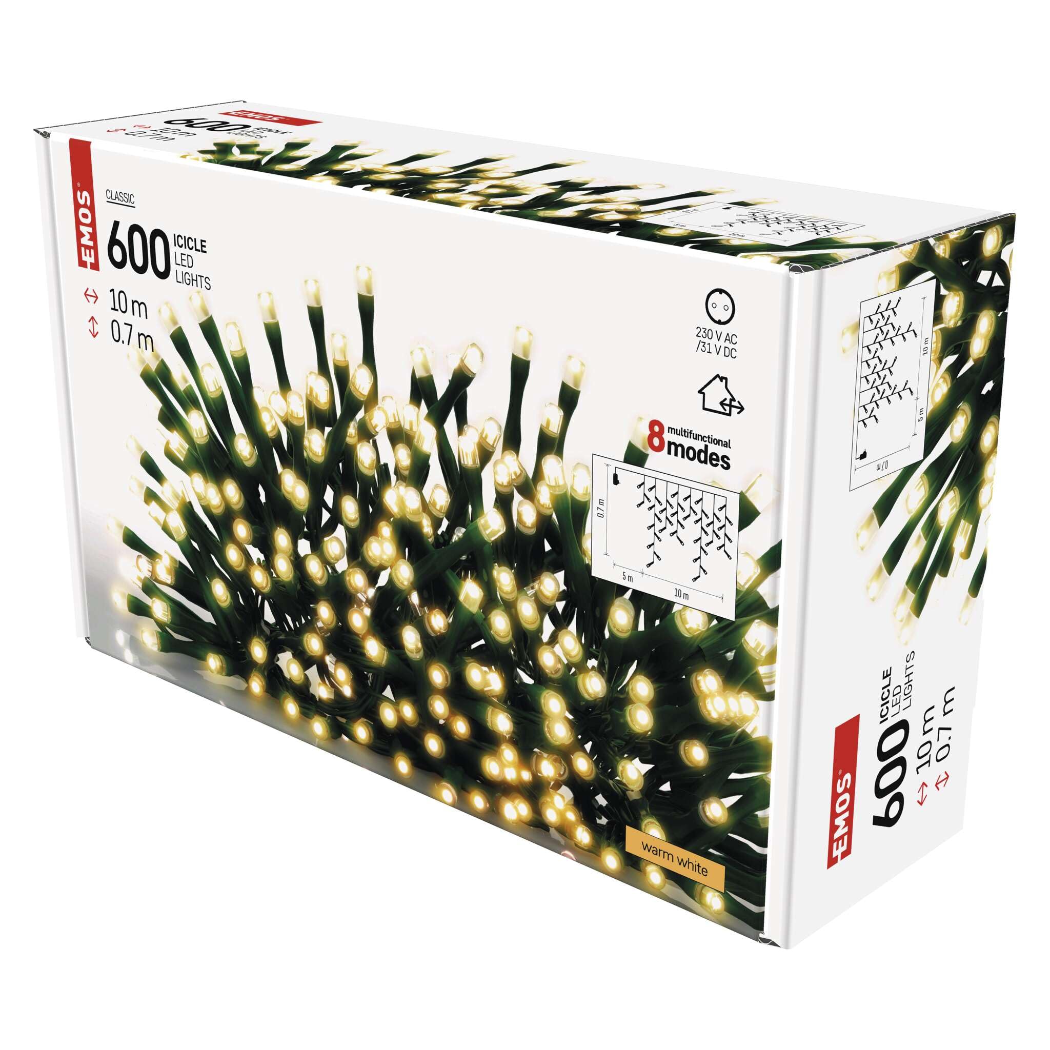 EMOS LED-Eisregen Lichterkette, 10m Weihnachtslichterkette + 5m Zuleitung, 600 LEDs, 8 Lichtmodi, Netzteil, IP44 für Innen und Außen, Warmweiß