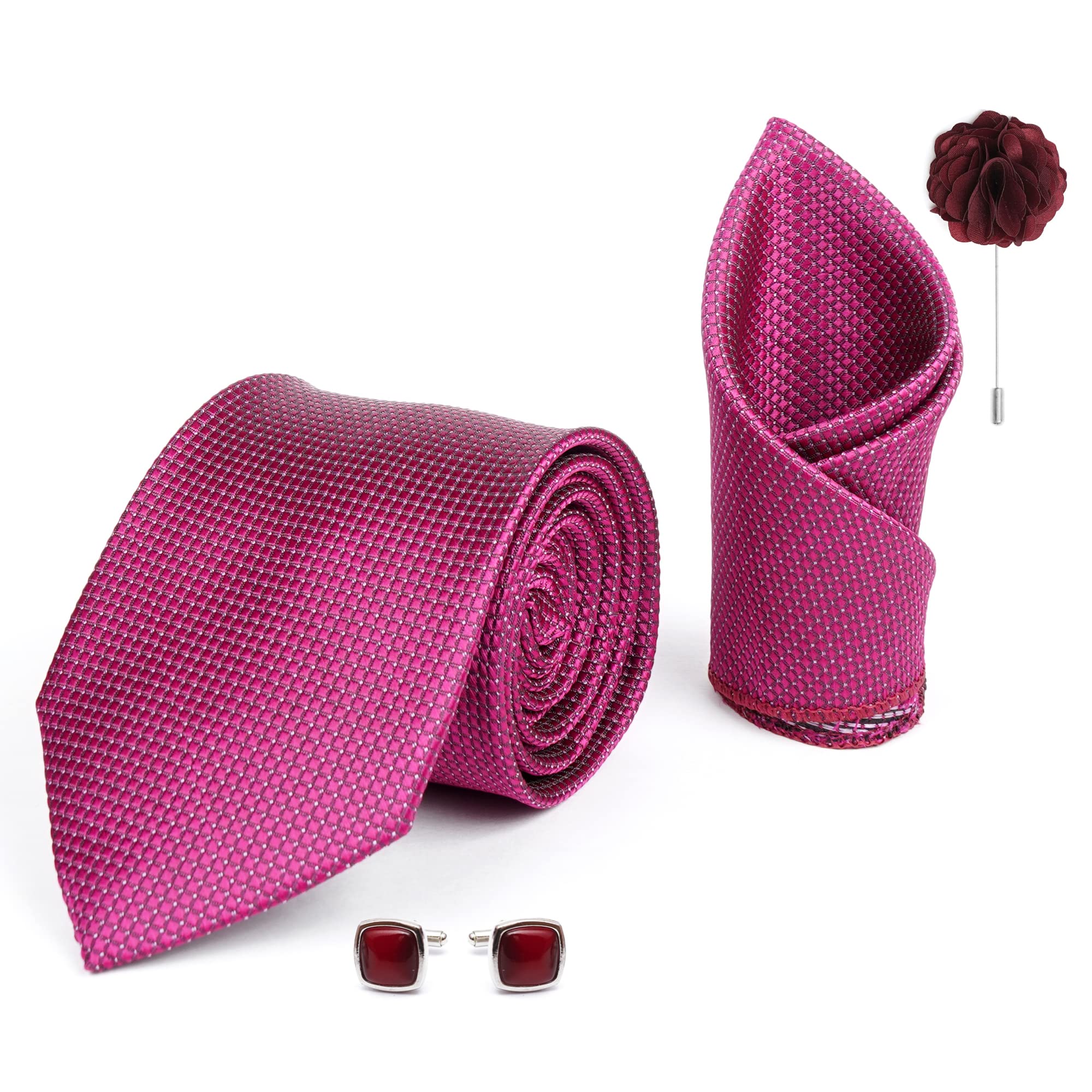 rizoro Mens Plaid Dotted Silk Necktie Gift Set With Pocket Square Cufflinks & Brooch Pin Formal Tie With Leatherite Box (A10RX Free Size) | (Leather Gift Box) (Pack of 4)-picture-13