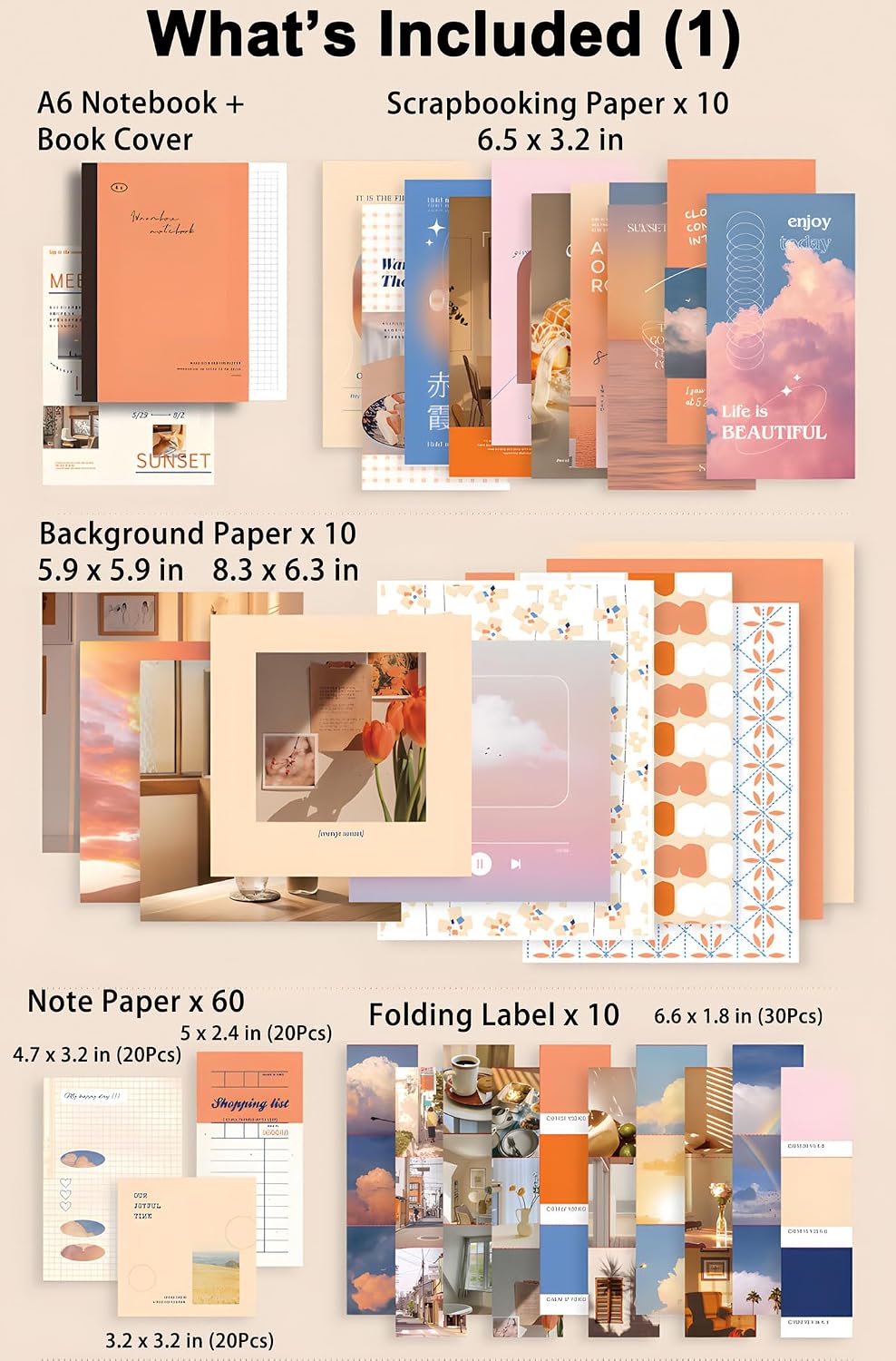 JOYCHOIC Scrapbooking Kit, Sunset Journaling Supplies, Junk Journal Materials, Large Aesthetic Scrapbook Collection for Women, Stationery DIY Arts Craft, Adults