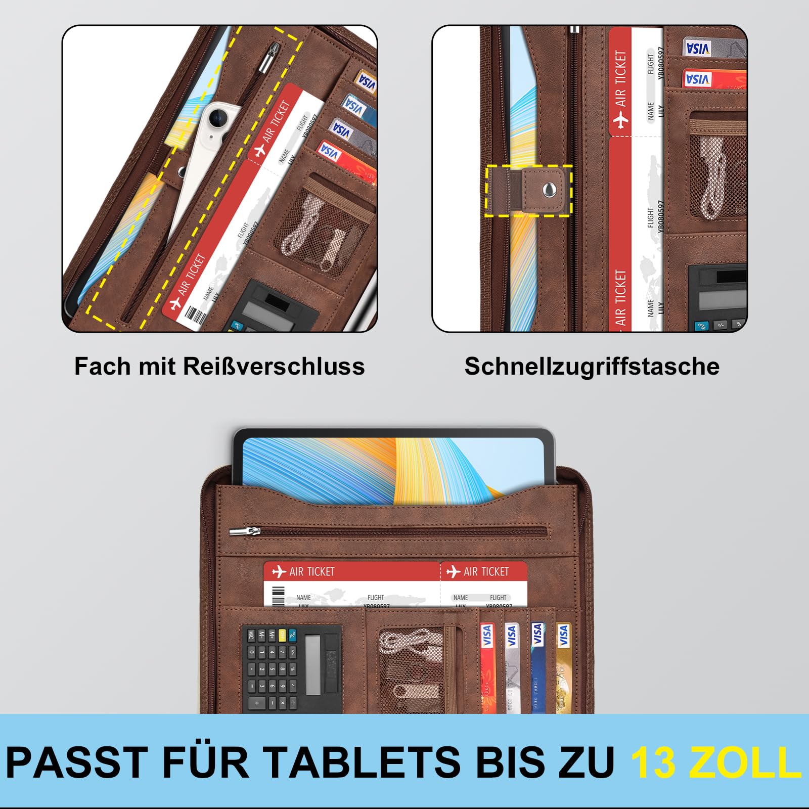 Leathario Schreibmappe A4 mit 5er Register DIN A4，Konferenzmappe mit 4 Ringbuch，Dokumentenmappe mit Reißverschluss, Klemmbrett,Blumenmuster,Ordner für Meeting, Business,Mappe für Schule, Uni