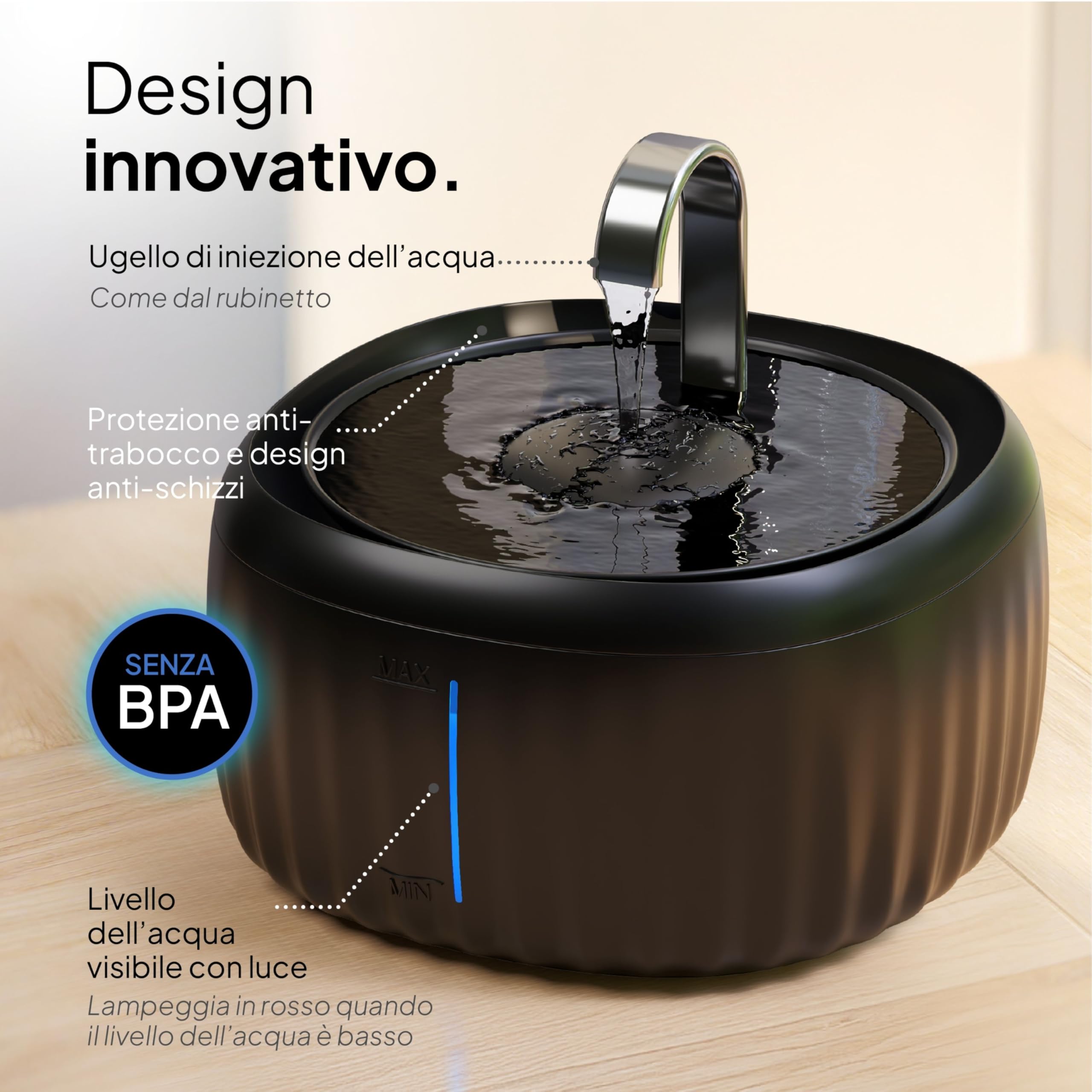 Pretty Paw Fontanella Gatti da Interno 3L con Indicatore LED Livello - Dispenser Acqua Gatti Silenzioso con Filtro Carbone Attivo e Resina, Beccuccio in Metallo, BPA Free - Aqua flow Pro (Nero)