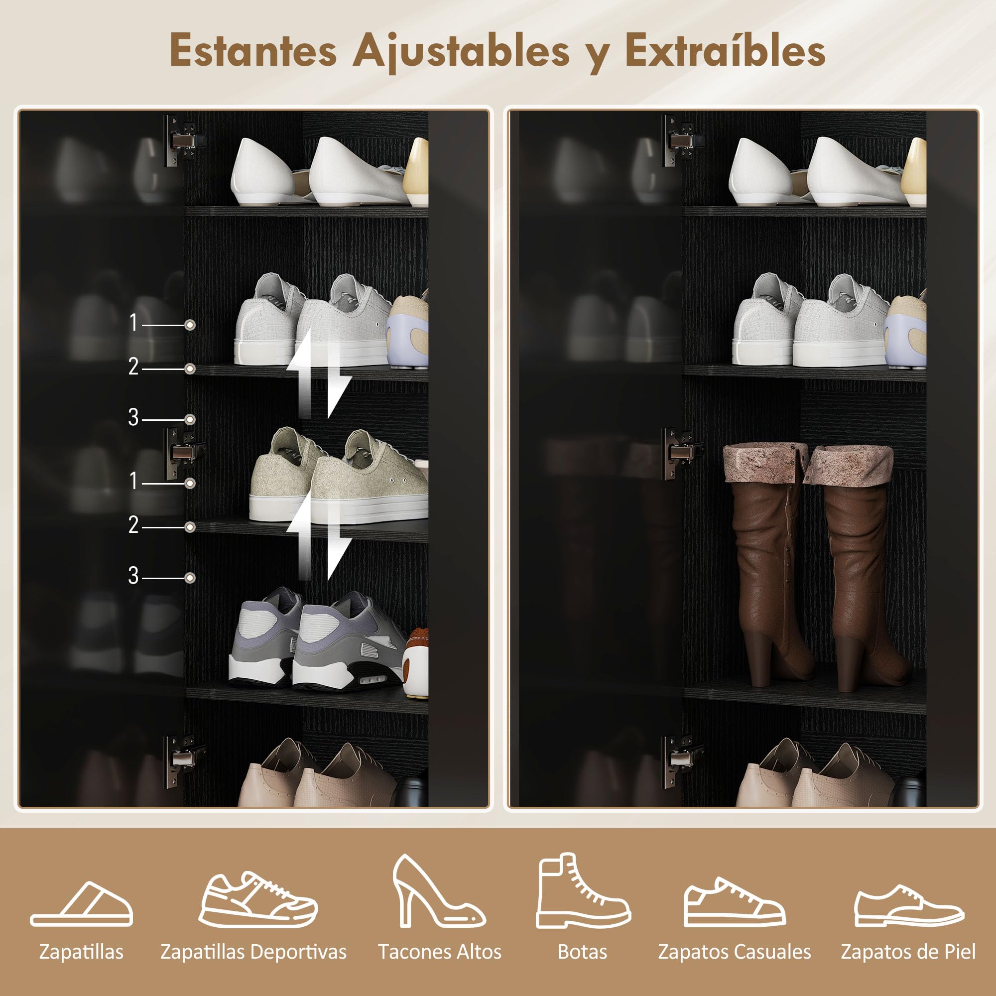HOMCOM Zapatero de 2 Puertas Brillo con Cierre Suave Negro 72x34,5x103 cm | Zapatero Entrada Recibidor, Estantes Ajustables, Agujeros de Ventilación, para 20 Pares de Zapatos