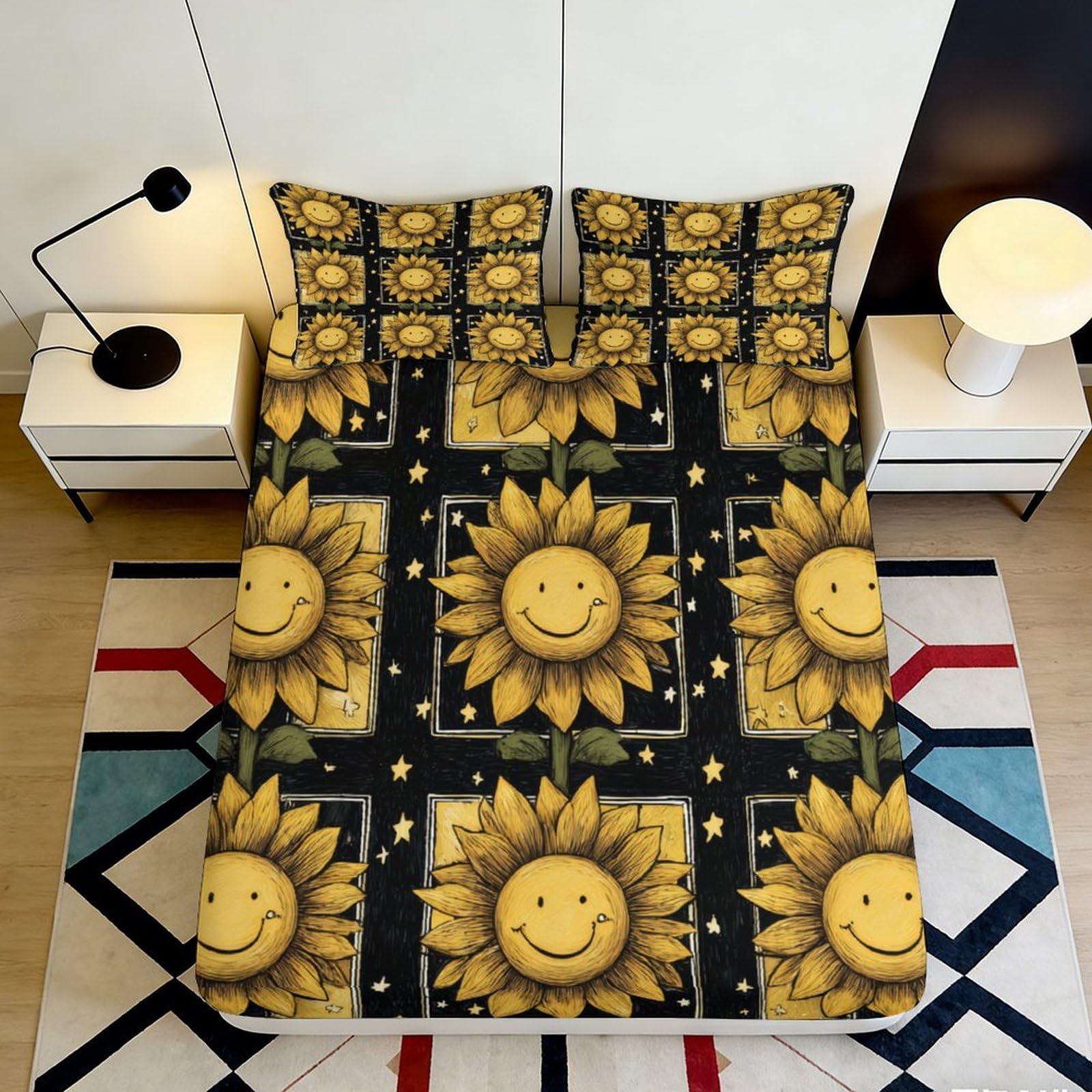 3D Printed Smiling Sunflower Fitted Sheet Microfiber Deep Pocket Bedroom Set Sunflower Mattress Fitted Cover Elastic Hem Washable for Adults Teens 180x200x25cm