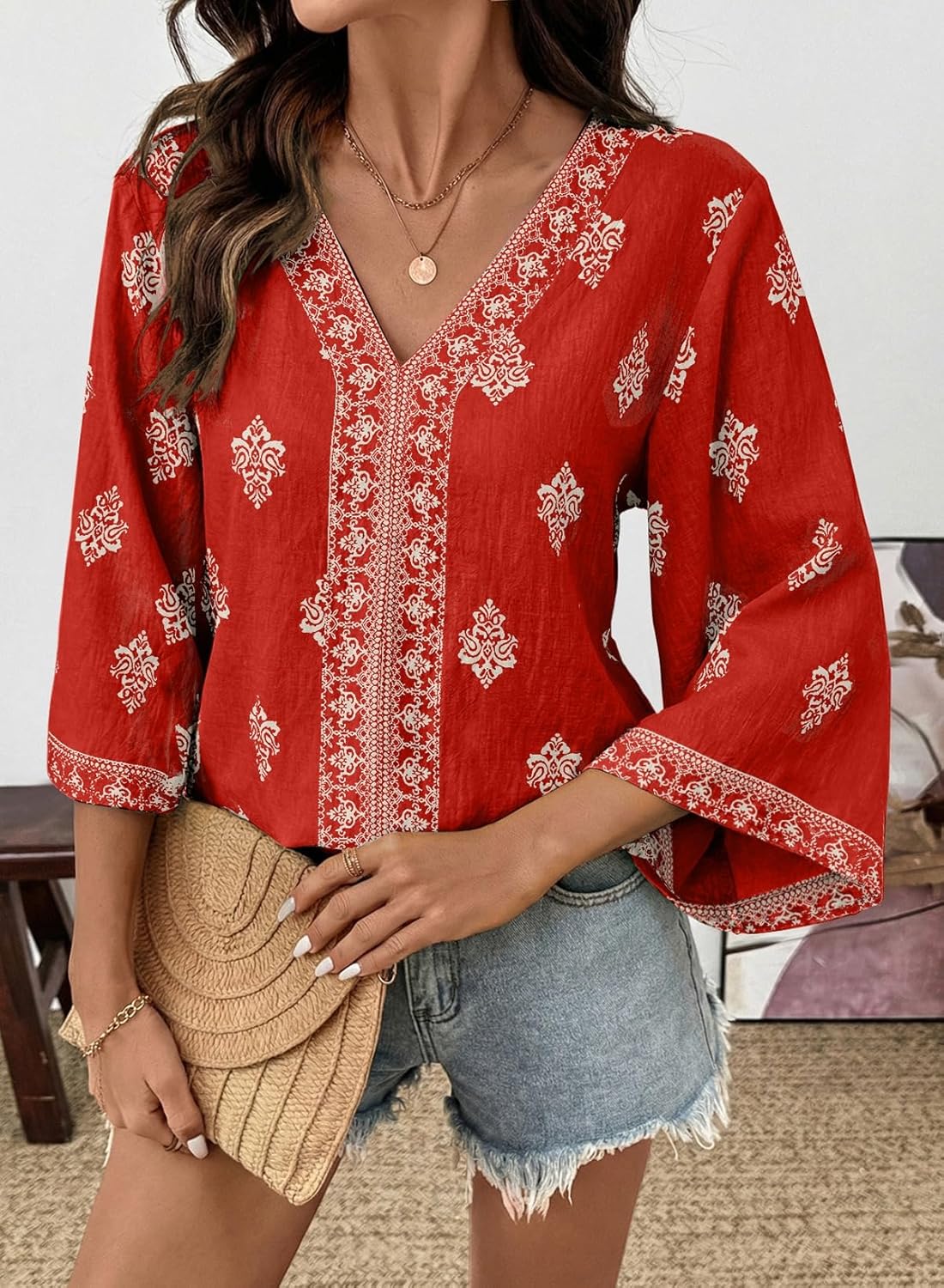 SHEWIN Womens Summer Tops Casual Floral Print Deep V Neck 3/4 Sleeve Blouses Dressy Boho Vacation Tunic Tops - Image 2