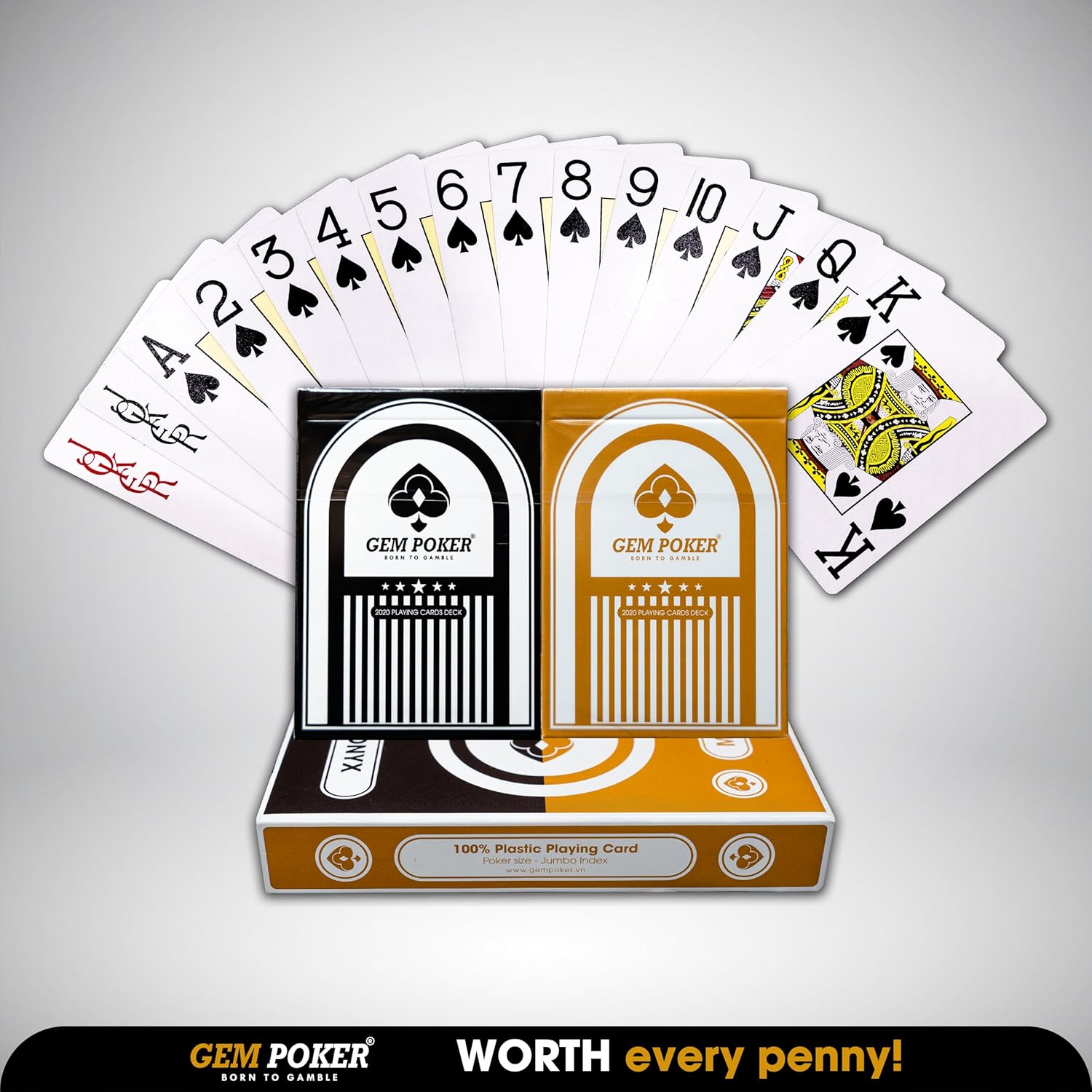 100% Plastic Playing Cards, 2 Deck of Waterproof Poker Cards, Poker Size, Flexible Plastic PVC, Professional Playing Cards for Texas Hold’em Poker (Jumbo Index), Onyx & Mustard