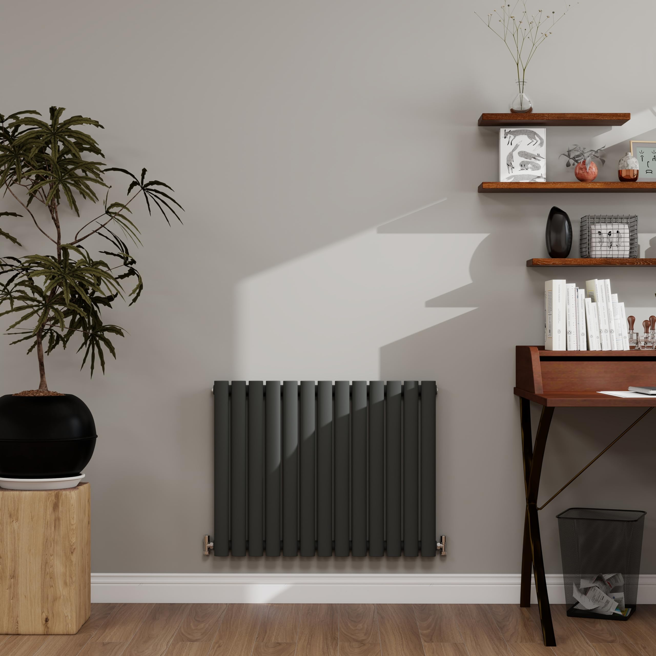 Simple Bathrooms Anthracite 600×767Mm Horizontal Oval Radiator 1973 Btu - Single Panel Modern Central Heating System For Bathroom, Kitchen & Living Room, Energy Efficient Designer Heater