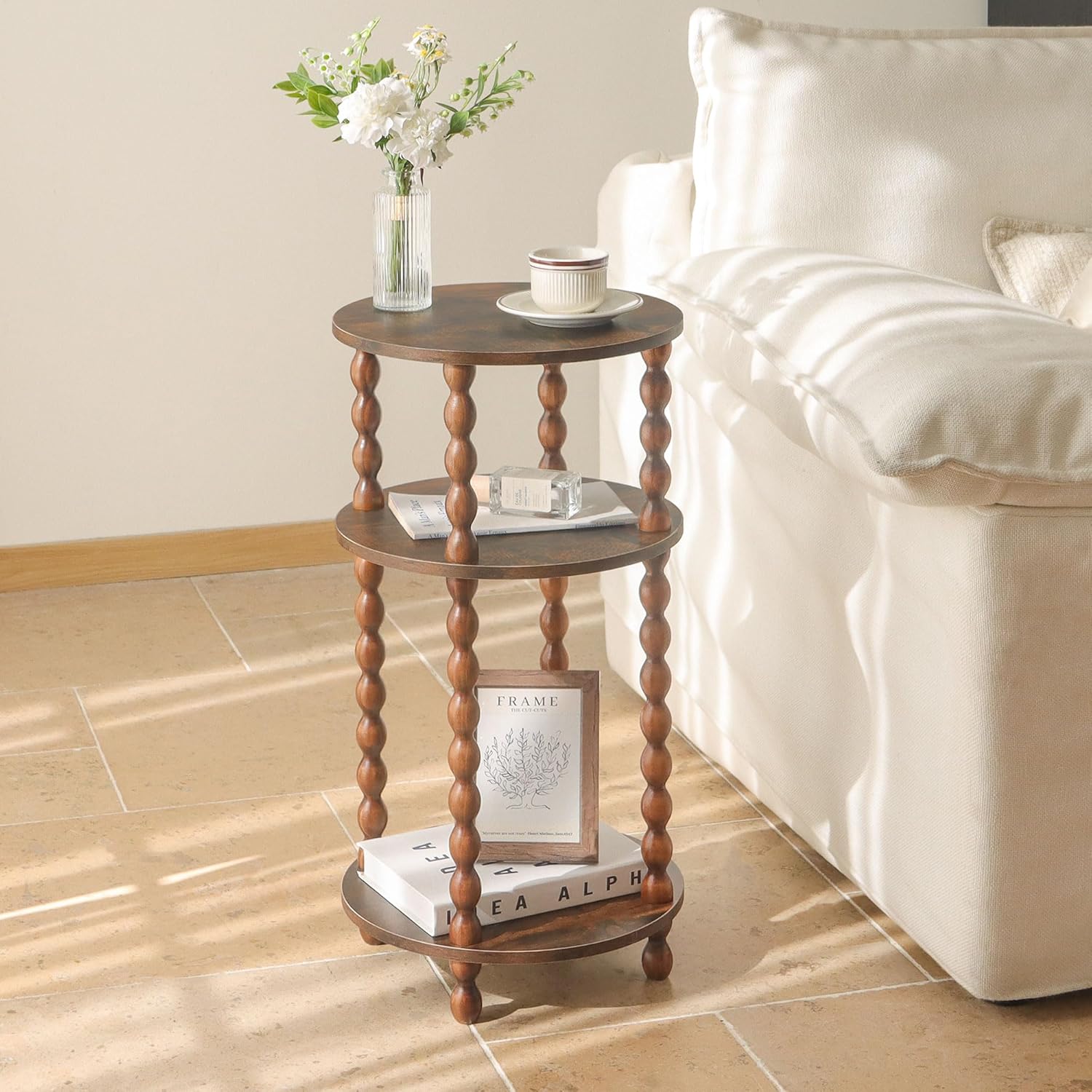 AWASEN Small Side Table, 3-Tier Round End Table for Small Spaces, Modern Bedside Table Nightstand for Bedroom, Living Room, Office, Rustic Brown