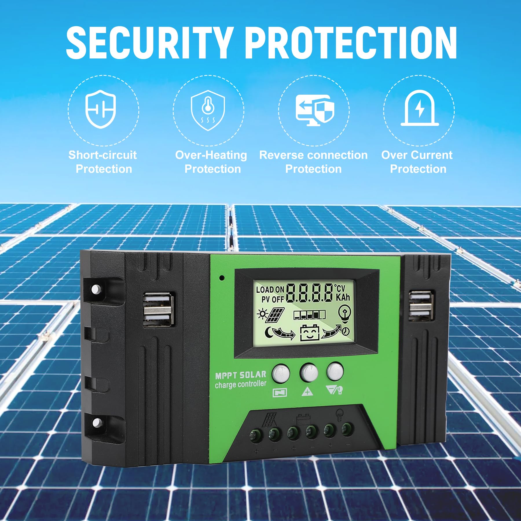 MPPT 100A Regolatore di Carica Solare 12V/24V Regolatore di Carica Automatico da Con sensore di temperatura e display LCD 4 porte USB per Pannelli Solari 12V 24V batterie al piombo/litio