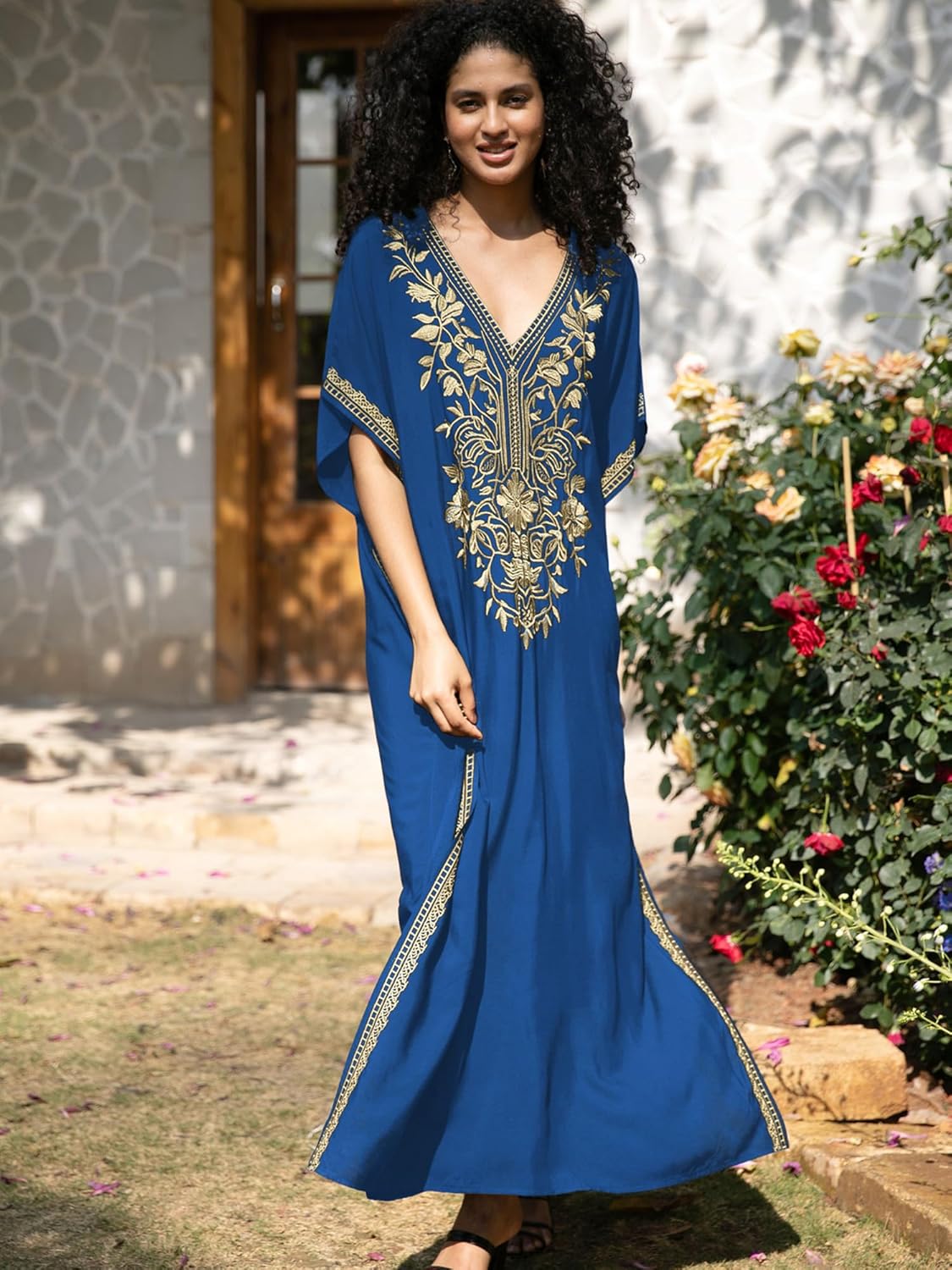 Women V Neck Embroidery Kaftan Dress Loose Casual Beach Cover Up Long Caftans Maxi Dresses - Image 3