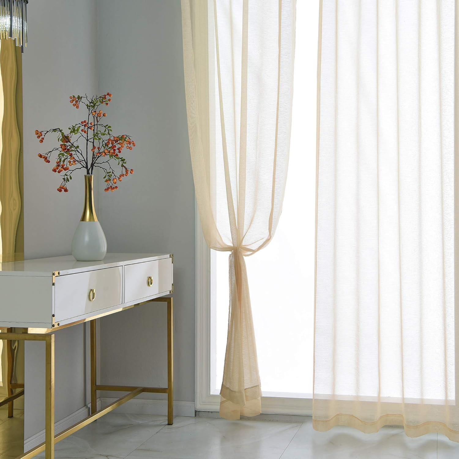 RAIN CITY Beige Sheer Curtains 72 Inch Length Set 2 Panels for Apartment Faux Linen Sheer Drapes Solid Elegant Grommet Beige Textured Sheer Curtains for Office Bathroom Windows 52 X 72 Inches Long