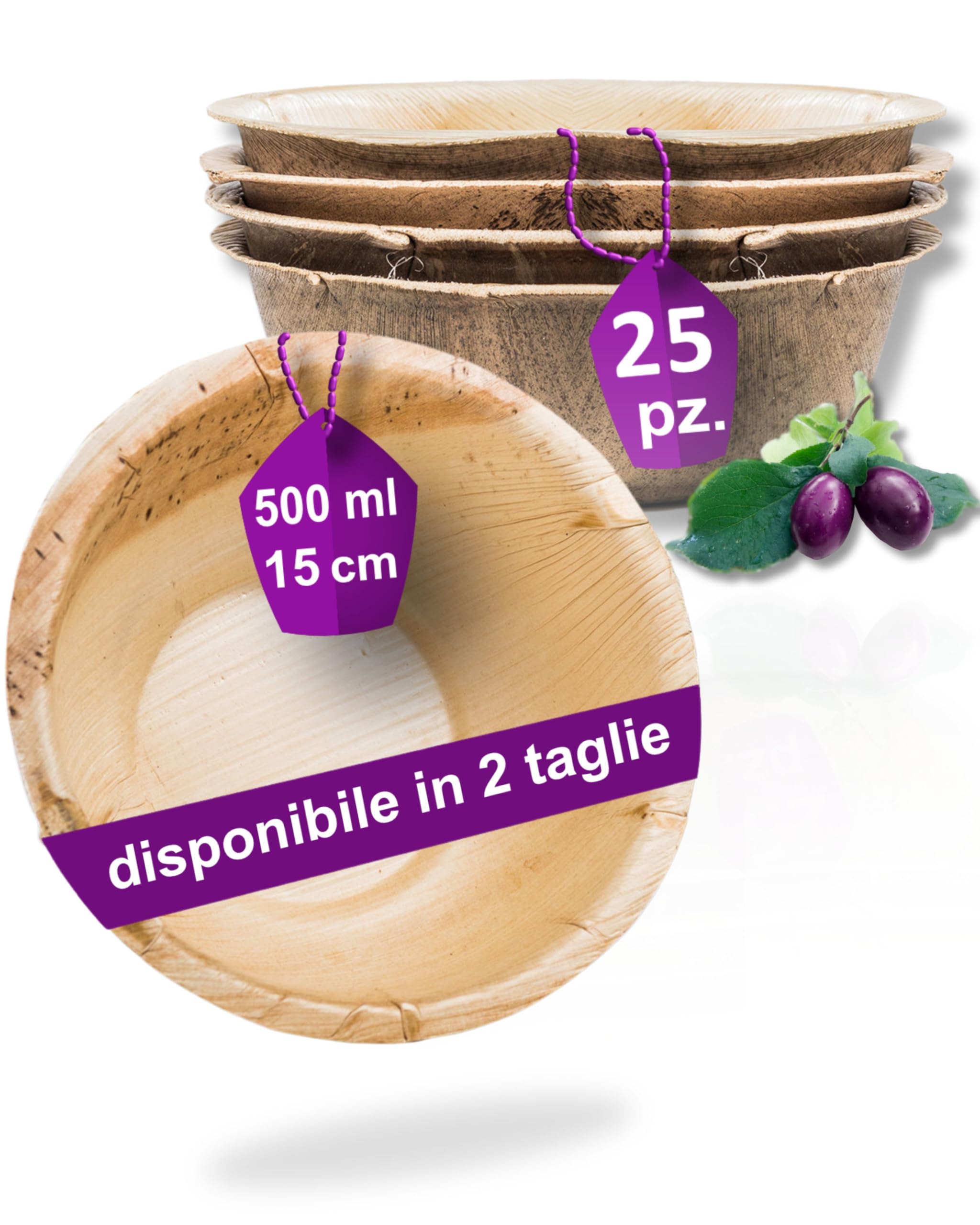 Ciotole in Foglia di Palma Ecologici - 25 Pz 15 cm / 500 ml - Stoviglie usa e getta Compostabili di Alta Qualità - Eleganti e Resistenti - Simile al Bambu - Ideale per Feste