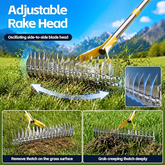 Thatch Rake, Lawn Dethatcher Rakes with 38 cm Wide, 140 cm Dead Grass Remover, Dethatching Rake with Adjustable Length Handle,Scarifier Rake for Lawns Grass Loosening Soil Cleaning Leaves, Silver