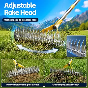 Thatch Rake, Lawn Dethatcher Rakes with 38 cm Wide, 140 cm Dead Grass Remover, Dethatching Rake with Adjustable Length Handle,Scarifier Rake for Lawns Grass Loosening Soil Cleaning Leaves, Silver
