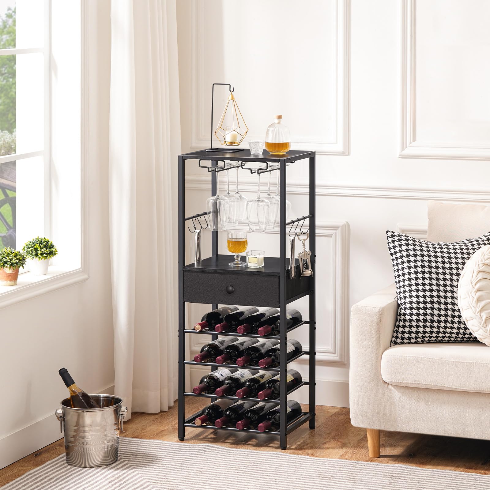HOOBRO Scaffale Porta Vino, Portabottiglie a 6 Livelli con Porta Calici, Organizzatore da Bar per Bottiglie di Vino, con Cassetti e Ganci, per Cucina, Sala da Pranzo, Schwarz EBB10JJ01