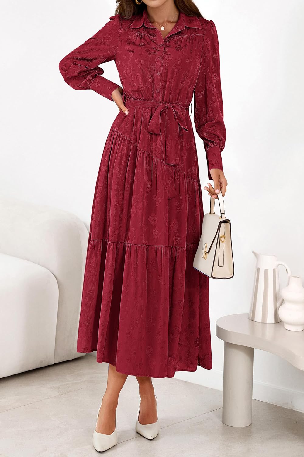 dowerme Women's Casual Dresses 2025 Fall Fashion Long Sleeve Button Up Floral Print Belted Tiered Boho Maxi Party Dress - Image 3