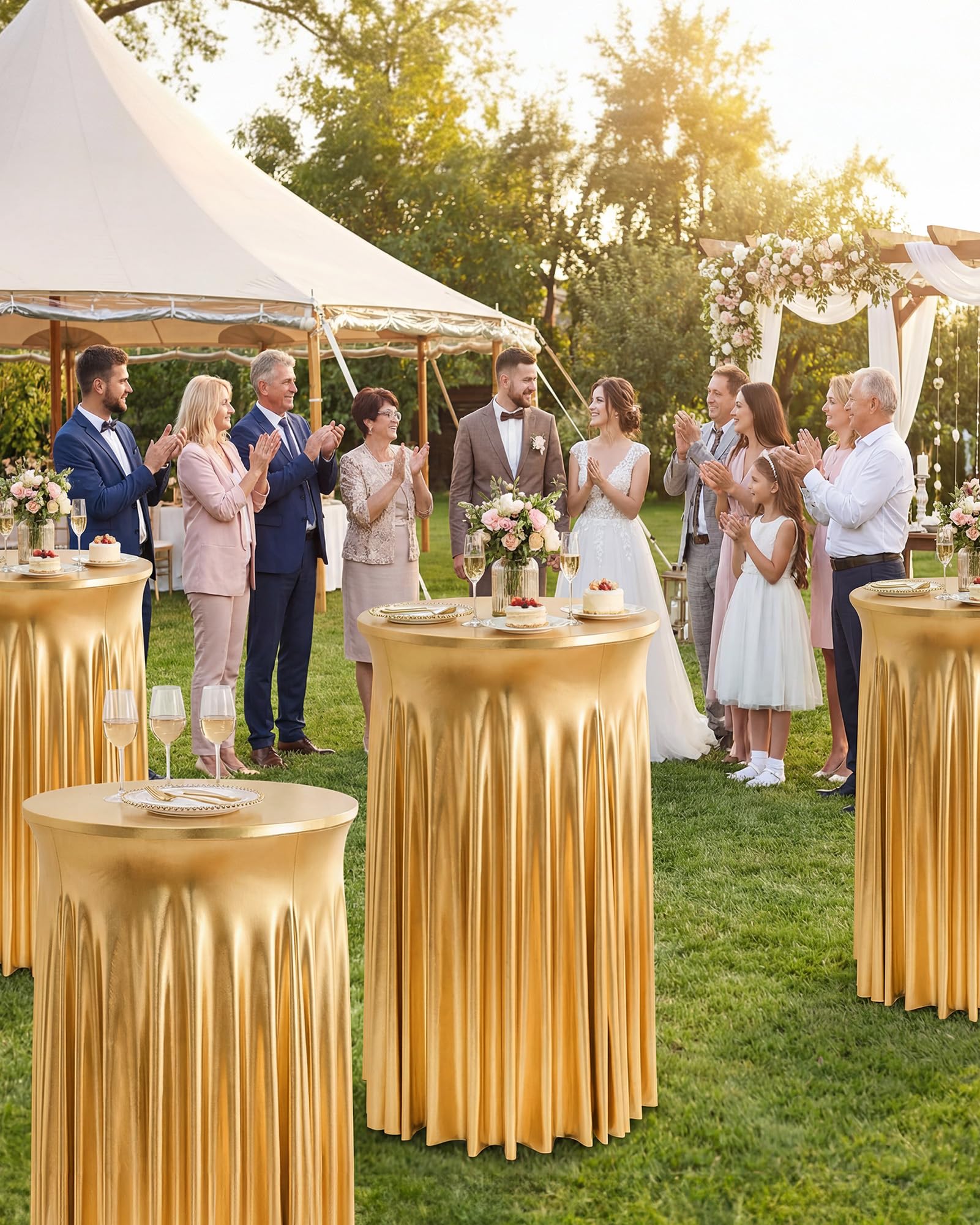 Cocktail Table Tablecloth with Skirts - 32x43 Inch Wavy Spandex High Top Cocktail Table Covers, Ruffle Drape Highboy Tablecloth Reusable for Party Wedding Cake Standing Table, Stamping Gold, 6 Pack