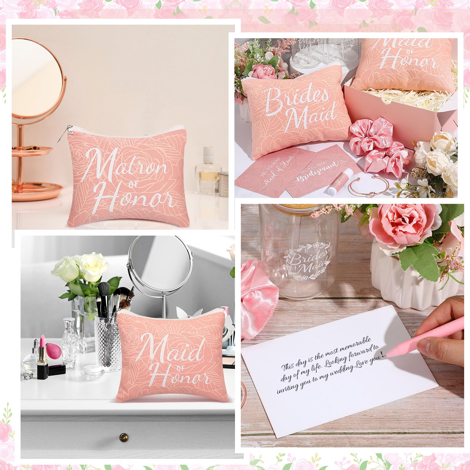 FillTouch 56 Stück Brautjungfern-Antragsgeschenke Brautdusche Geschenke inklusive Geschenk-Box Glasbecher Kosmetik-Make-up-Taschen Einladungskarten Lippenbalsam Haargummis Haar geknotete Armbänder