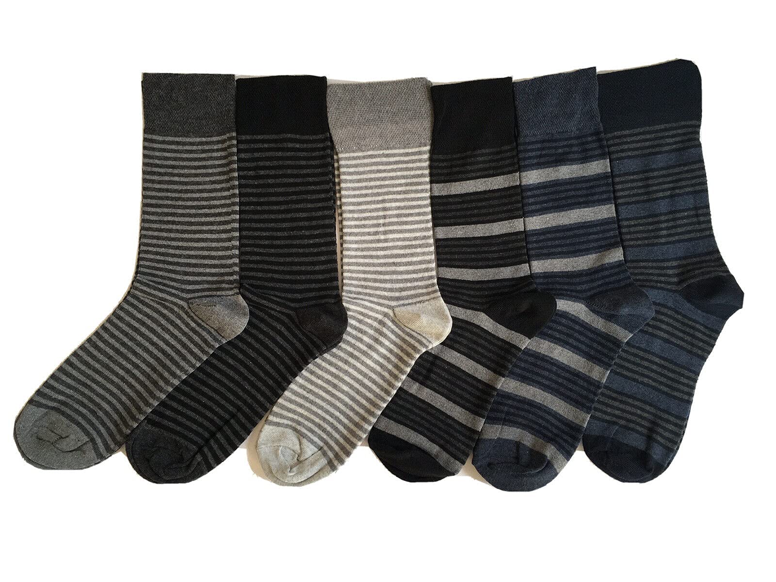 Qz Fashion Men's Multi Colour 6 Pairs Non Elastic Diabetic Cotton Easy Grip Antibacterial Stripped Socks Uk 6-11