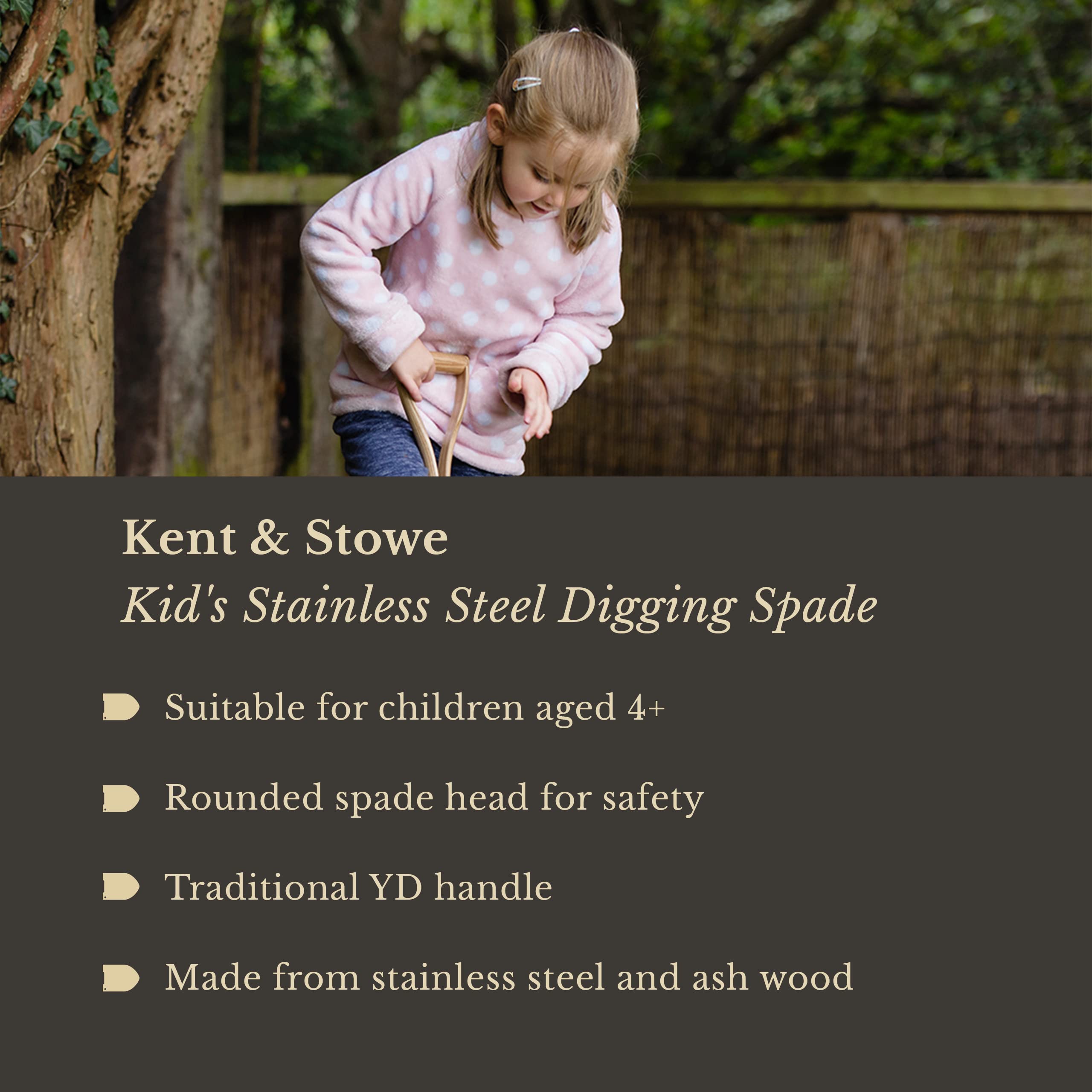 Kent & Stowe Kid's Stainless Steel Graben Spaten, Kompakter und Leichter Gartenspaten, Entwickelt für wachsende Gärtner, Ganzjährig Gartengeräte aus Edelstahl und Eschenholz