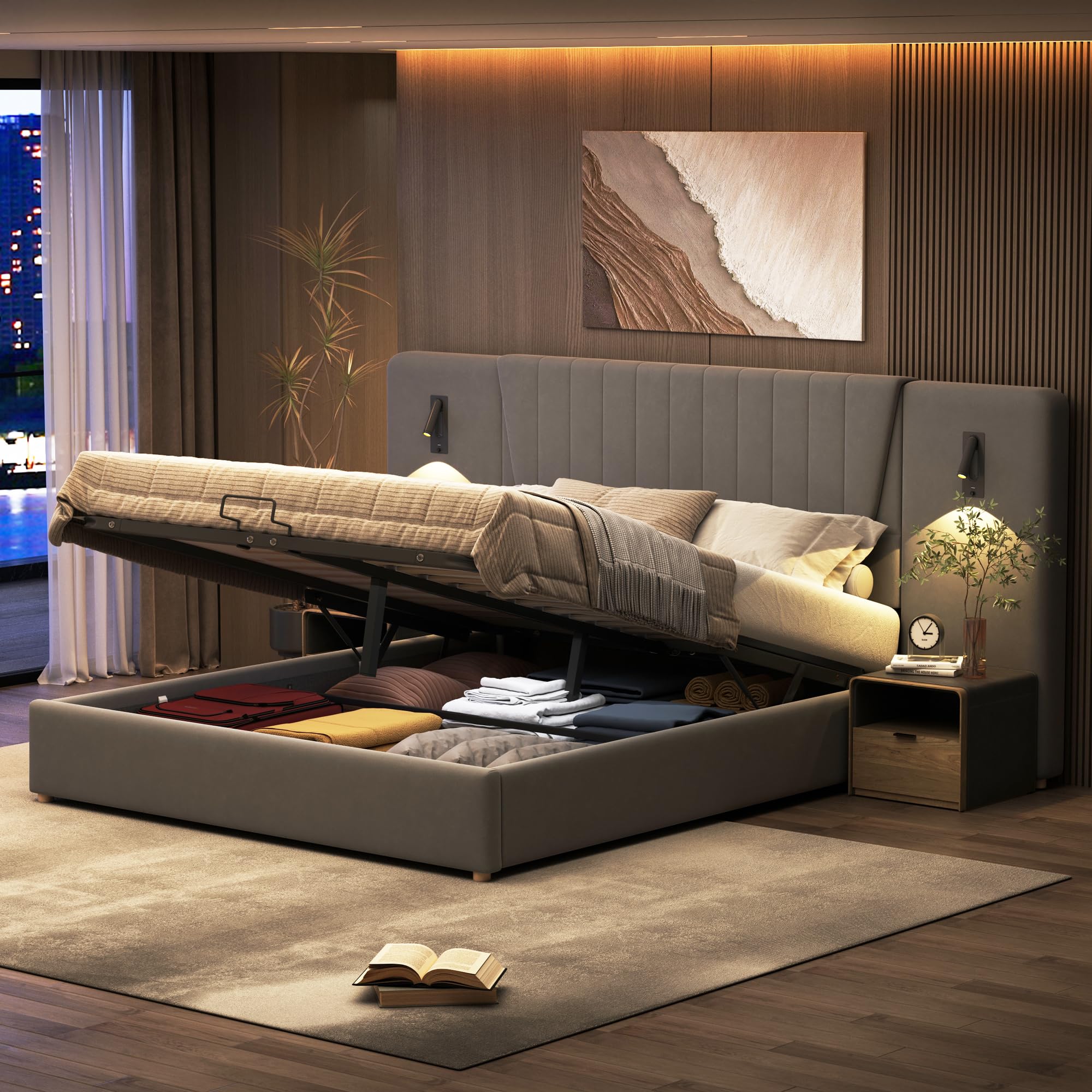 Letto Matrimoniale Imbottito 180x200 Cm Con Contenitore Idraulico, Testiera Regolabile Con Luci LED E Porte USB - Cotone Grigio (Materasso Escluso) - 3