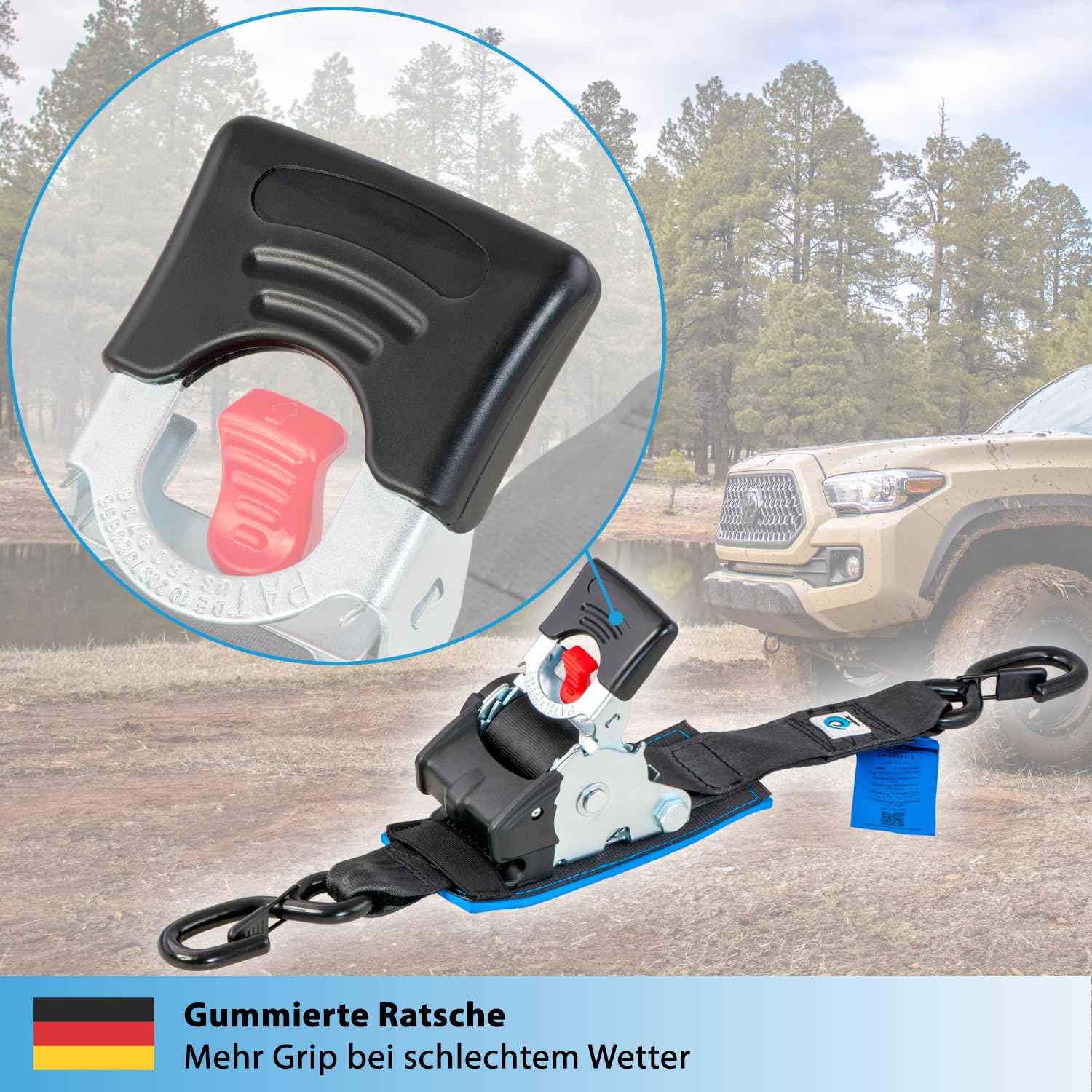 valonic Tanuki - 2X 3m XXL Automatik Spanngurt mit Haken, gepolstert, Blaue Fahne, 50mm, 650/1300Kg, EN-12195-2, mit Ratsche - Spanngurte Automatik, Zurrgurte für Motorrad, SUP, Auto schwarz