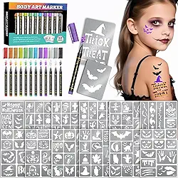 Marcadores temporários de tatuagem para pele, 12 marcadores corporais de metal + 169 estênceis de tatuagem para crianças e adultos, ponta de pincel flexível, cores brilhantes, tinta de tatuagem de