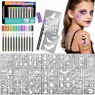 Temporary Tattoo Markers for Skin, 12 Metal Body Markers + 169 Tattoo Stencils for Kids Adults, Flexible Brush Tip, Bright Colors, Cosmetic-Grade Tattoo Ink, Halloween Costume Party Face Makeup
